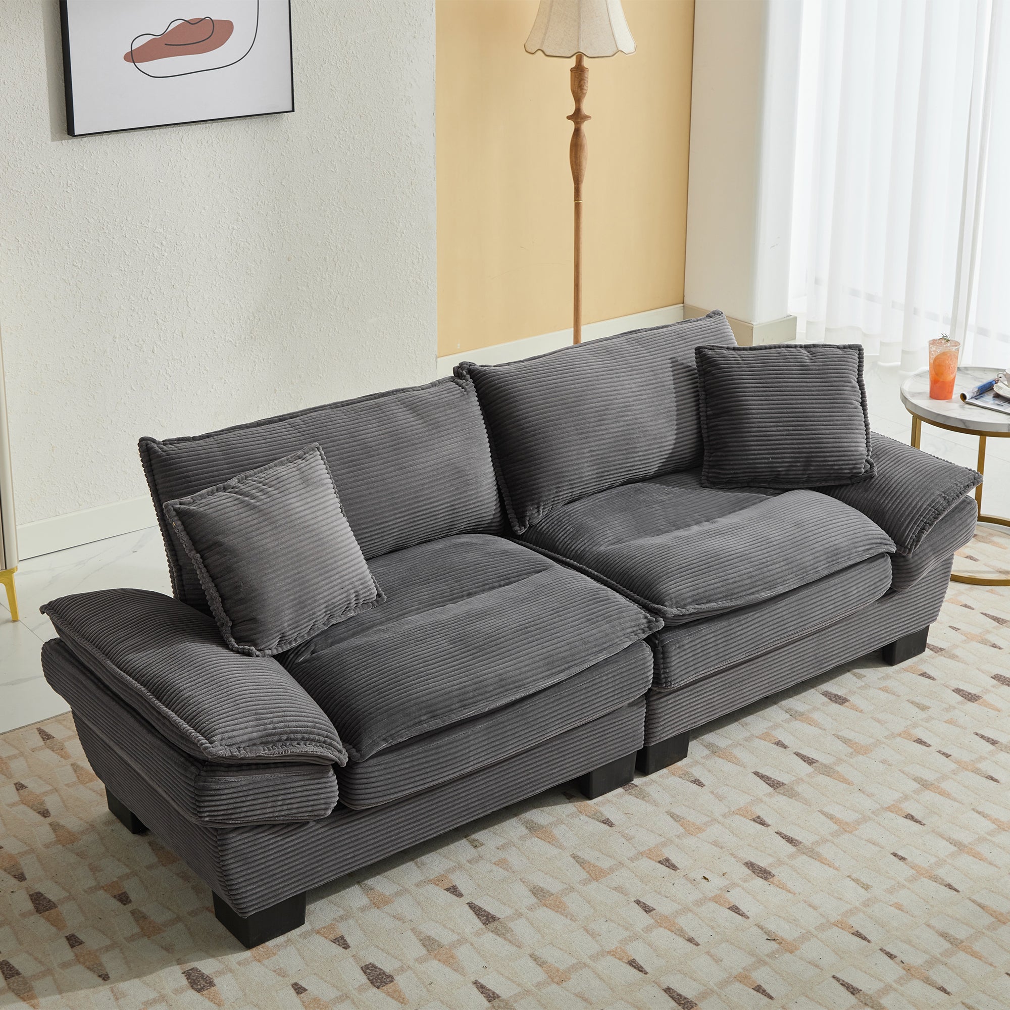 Dinosisco Deep Seat Loveseat Sofa, Corduroy Upholstered Sleeper Couch for Living Room, Beige