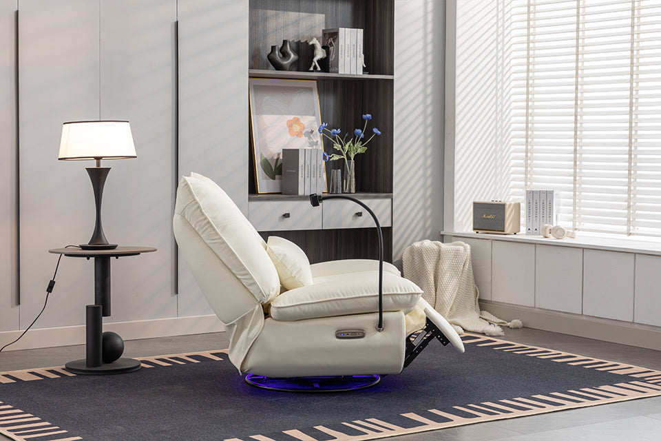 Dinosisco Power Recliner for Living Room, 270° Swivel Rocking Chair, Glider Rocker with USB and Phone Stand, Green Faux Leather