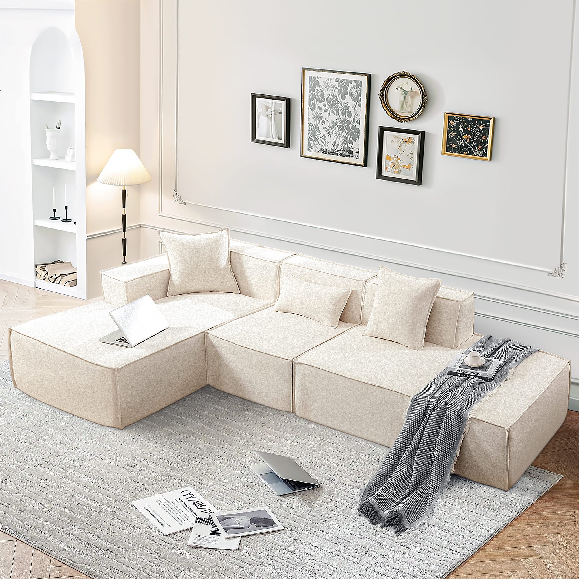 Dinosisco 129.5" Oversized Modular Sectional Sofa, Modern L-Shaped Couch with Left Chaise, 3 Pieces Living Room Sofa Set, No Assembly Required, Beige Chenille