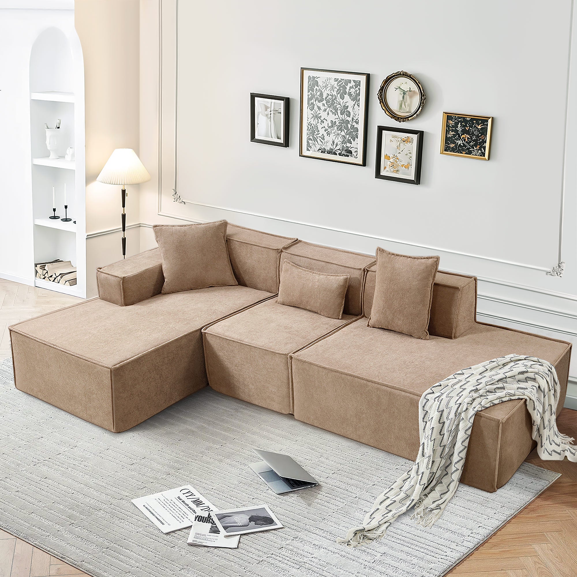 Dinosisco 129.5" Oversized Modular Sectional Sofa, Modern L-Shaped Couch with Left Chaise, 3 Pieces Living Room Sofa Set, No Assembly Required, Beige Chenille