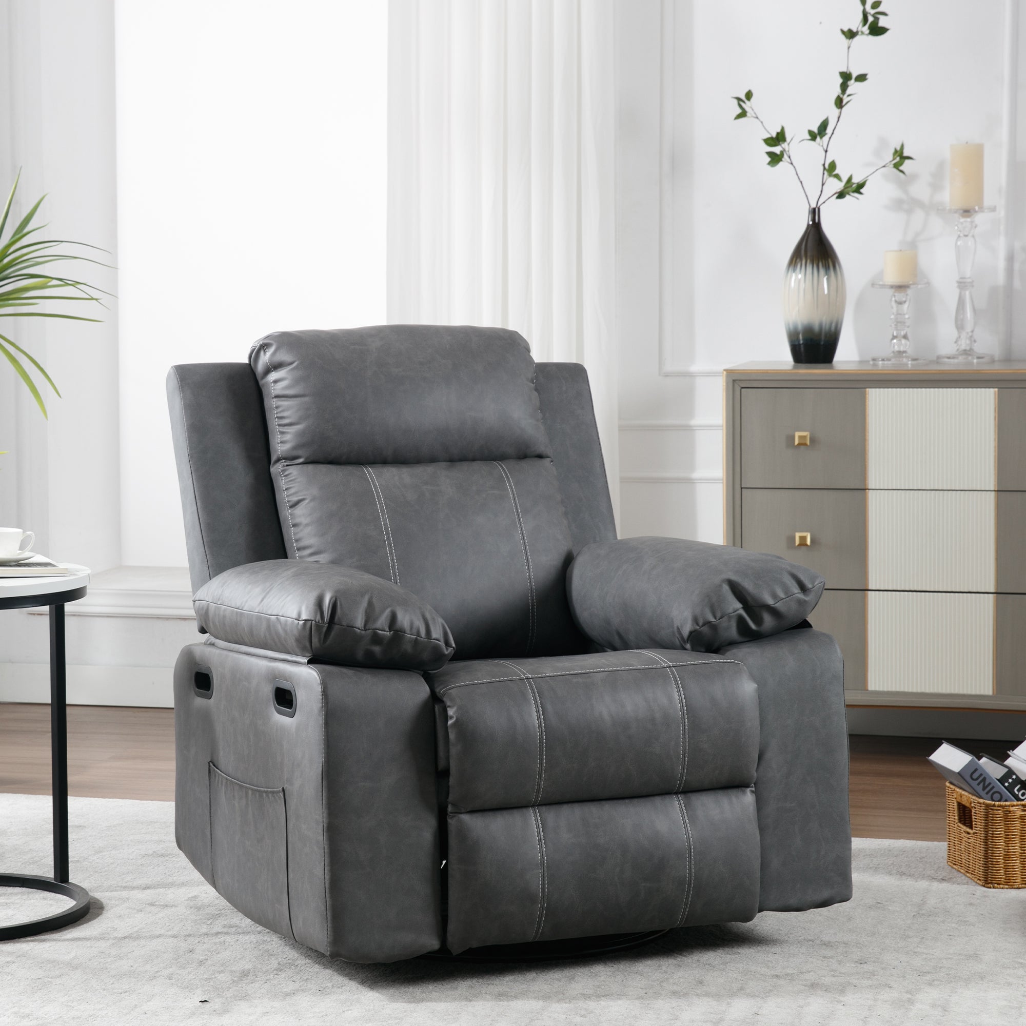 Muumblus Swivel Glider Rocker Recliner Chair with Power Heat and Massage, Comfortable Faux Leather Reclining Sofa for Living Room, Black