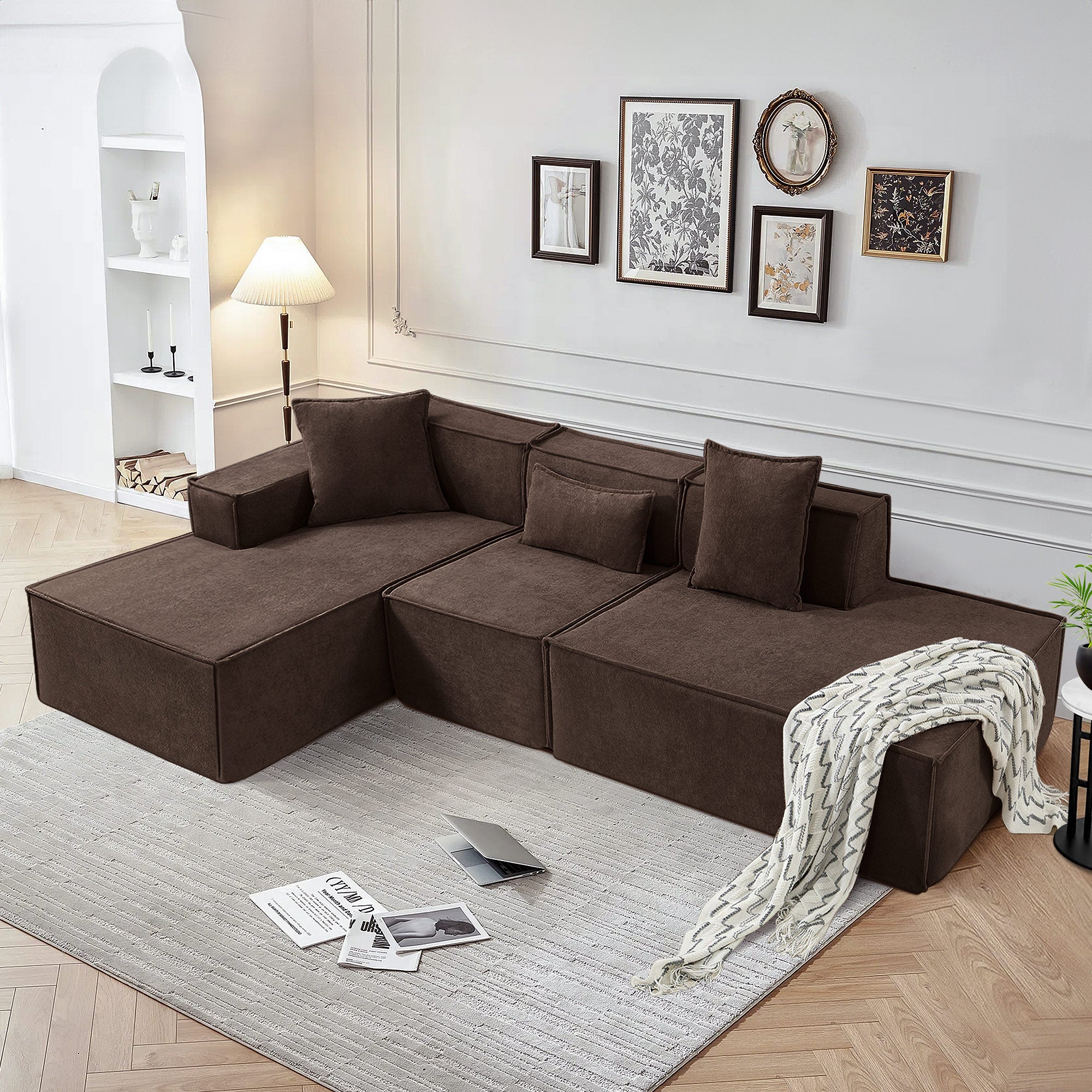 Dinosisco 129.5" Oversized Modular Sectional Sofa, Modern L-Shaped Couch with Left Chaise, 3 Pieces Living Room Sofa Set, No Assembly Required, Beige Chenille