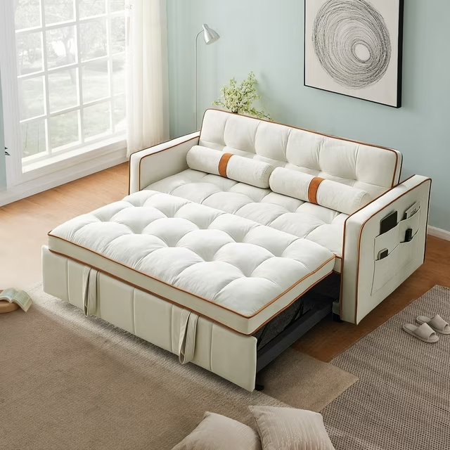 Muumblus 55.5" Pull Out Sofa Bed 2 Seater Loveseats Sleeper Convertible Futon Sofa Bed with Adjsutable Backrest, Modern Velvet Couch for Living Room, Black