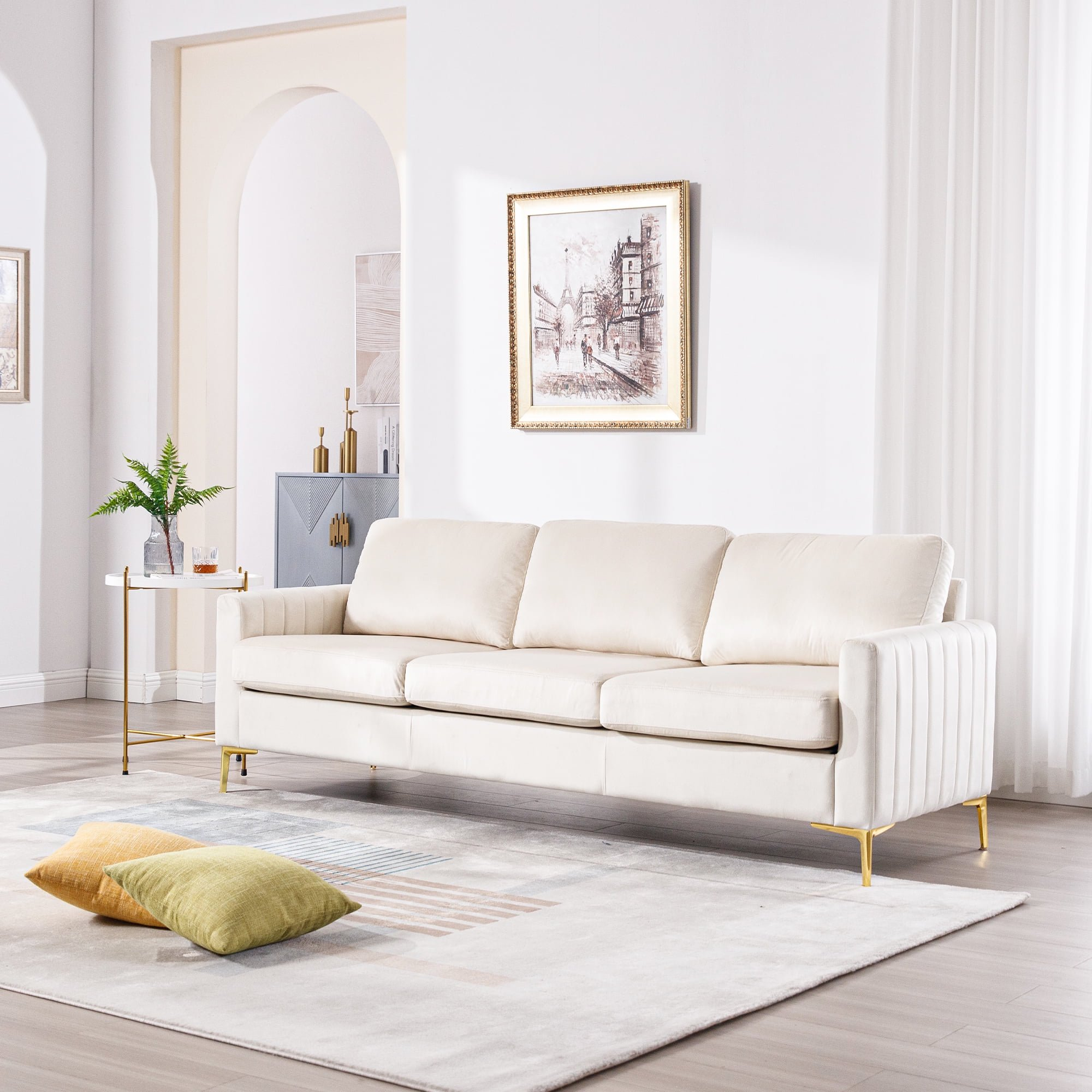 Dinosisco 85" Sofa Couch for Living Room, Modern Upholstered 3-Seater Couch in Beige Velvet