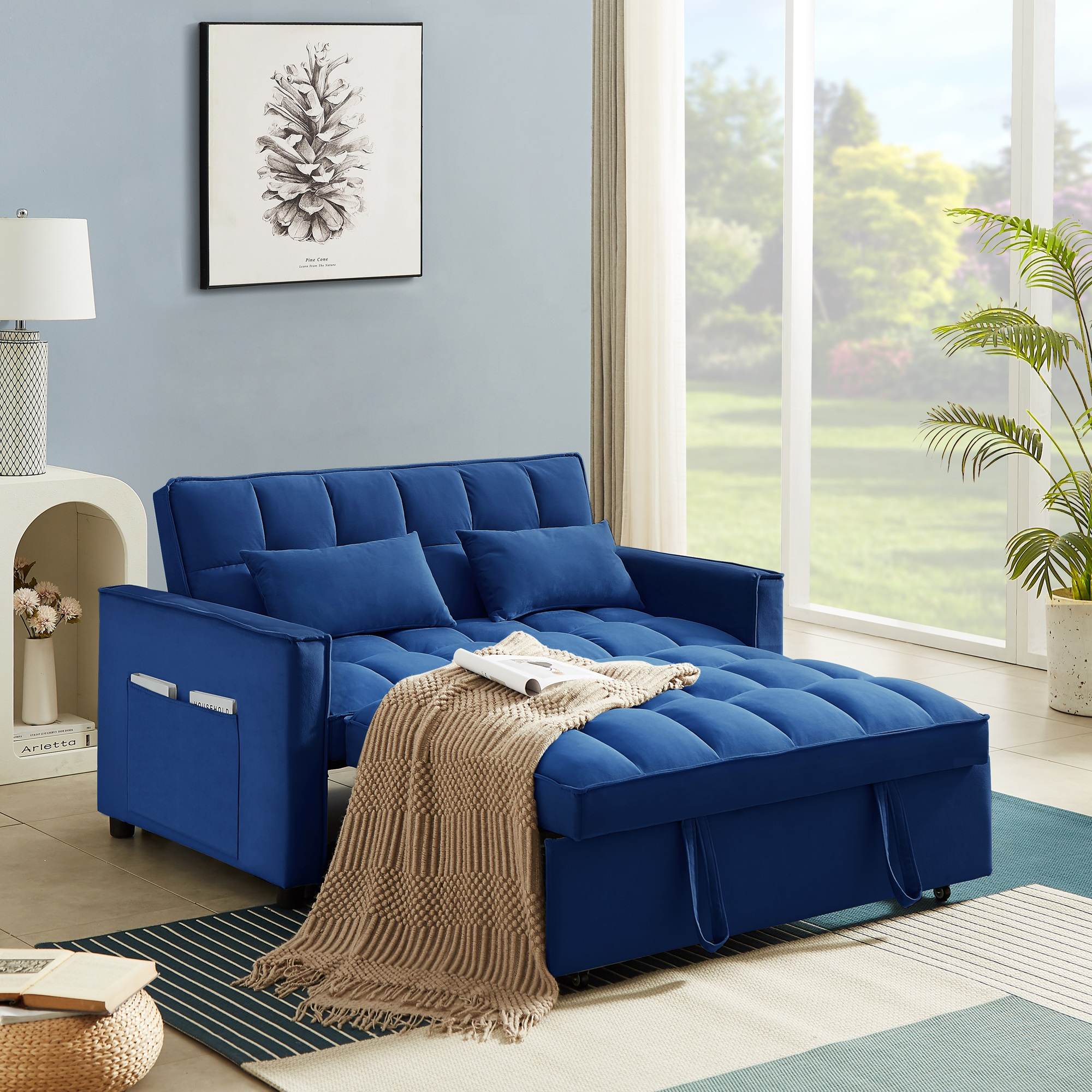 Dinosisco 3 in 1 Convertible Pull Out Sofa Bed, 55" Velvet Sleeper Loveseat, Gray