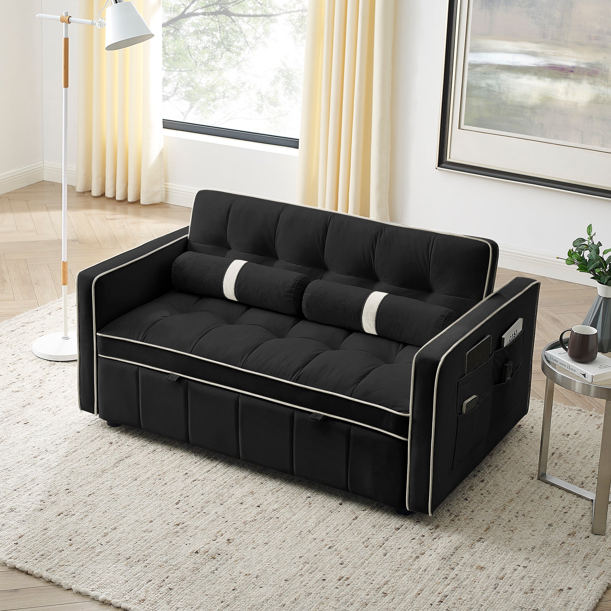 Dinosisco 55" Pull Out Sofa Bed - Tufted Velvet Convertible Loveseat Sleeper Sofa Couch for Living Room, Black