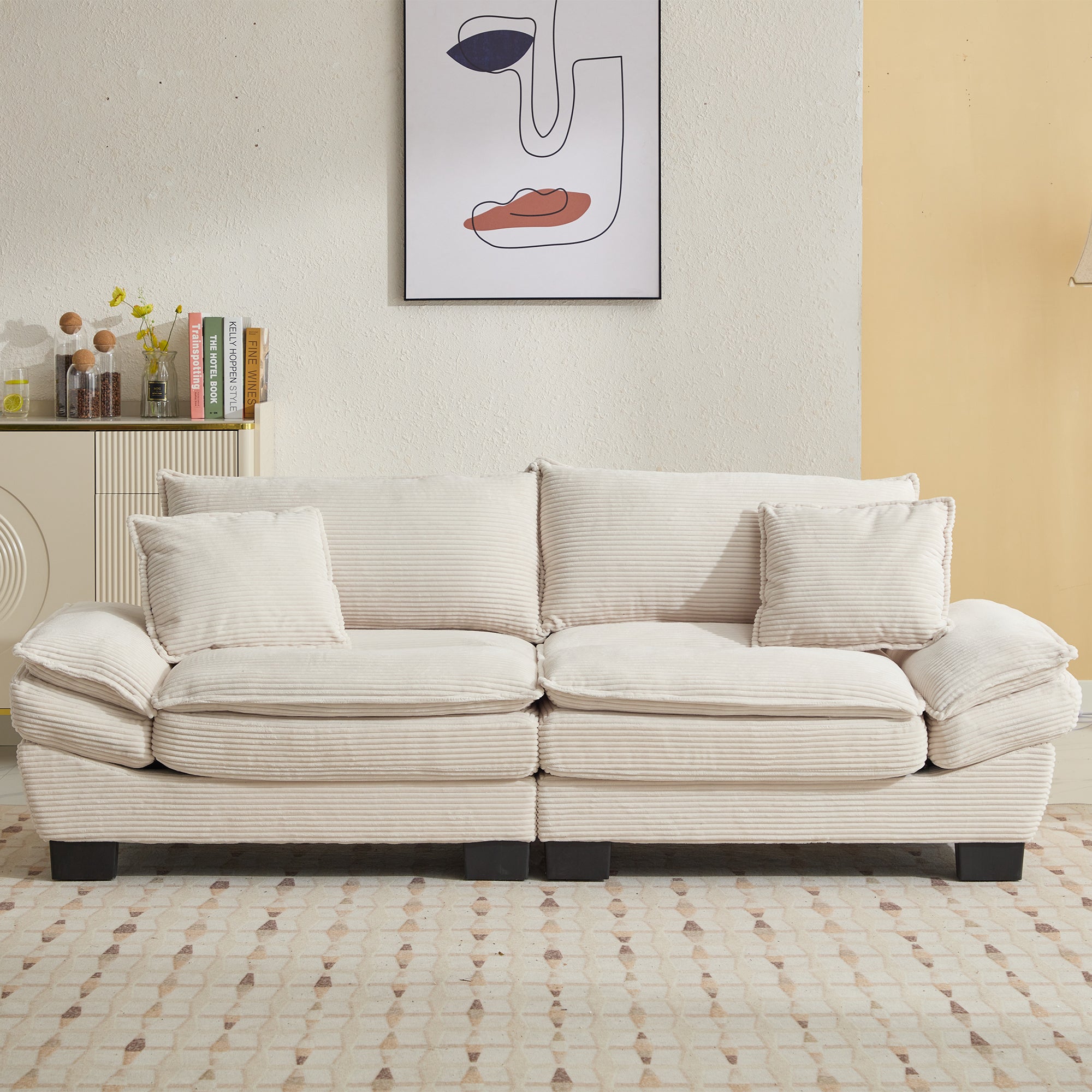 Dinosisco Deep Seat Loveseat Sofa, Corduroy Upholstered Sleeper Couch for Living Room, Beige