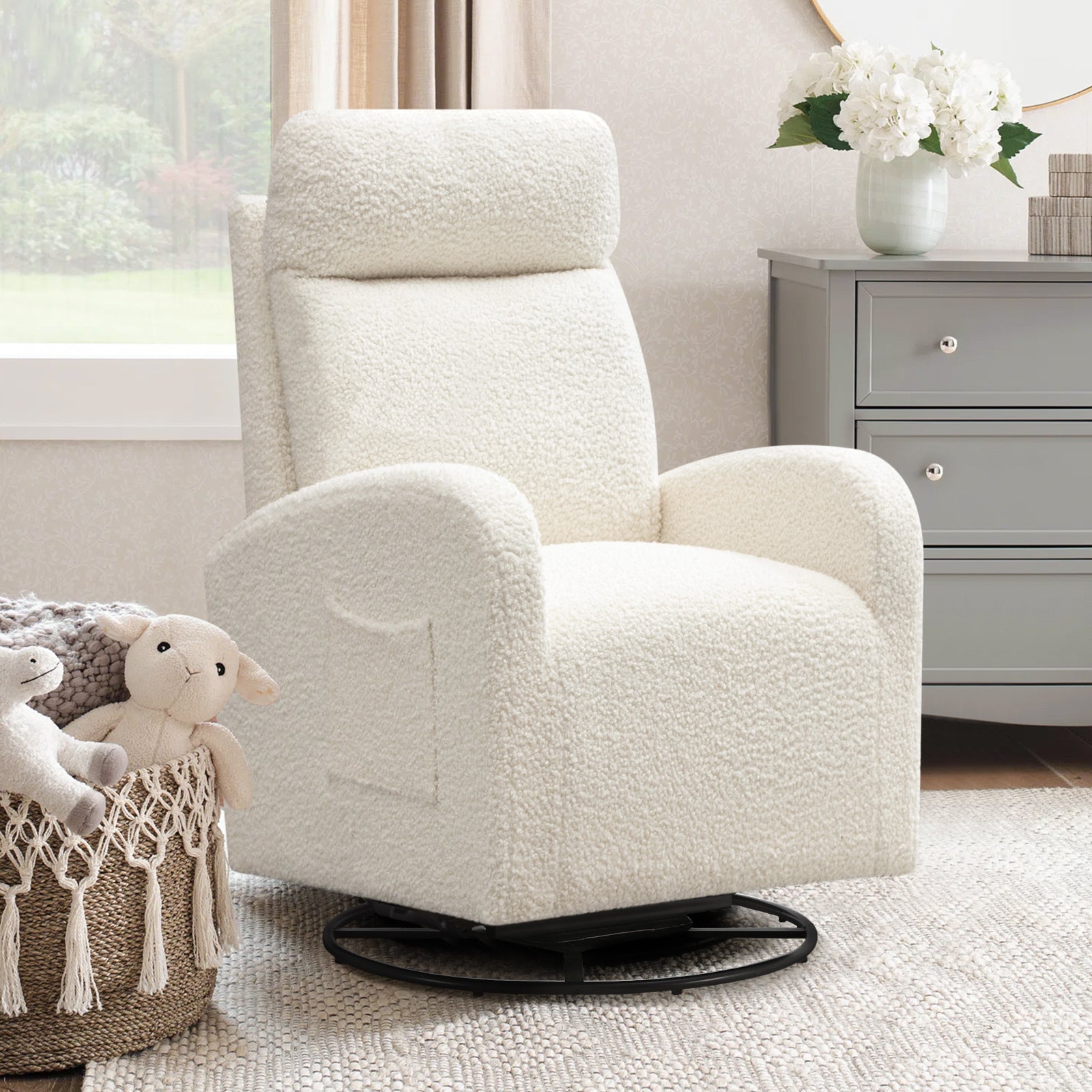 Dinosisco Teddy Glider Rocking Chair for Living Room, High Back Upholstered Swivel Glider Rocker for Nursery, White