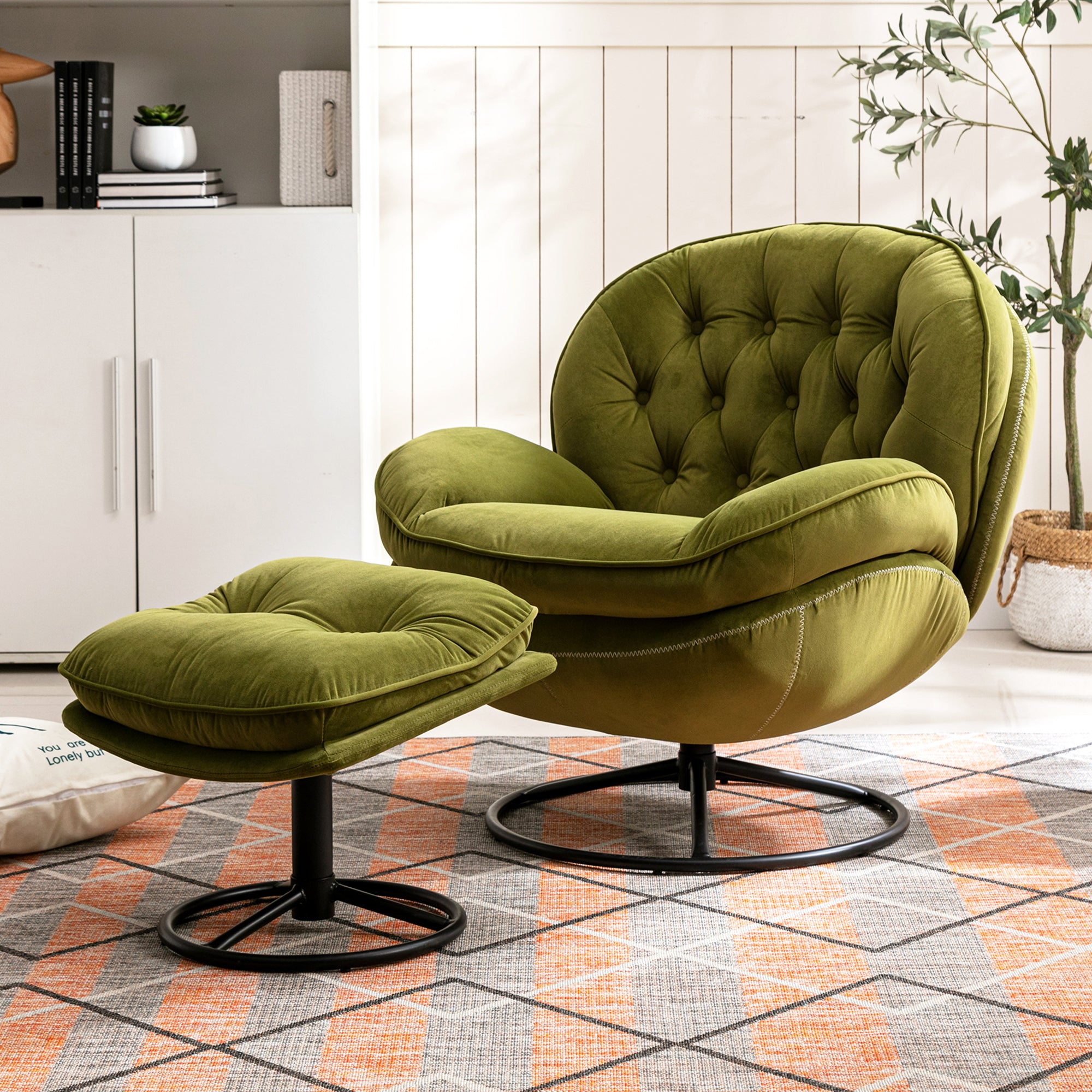 Dinosisco Swivel Accent Chair with Ottoman, Modern Tufted Lounge Chair for Living Room, Blue Velvet