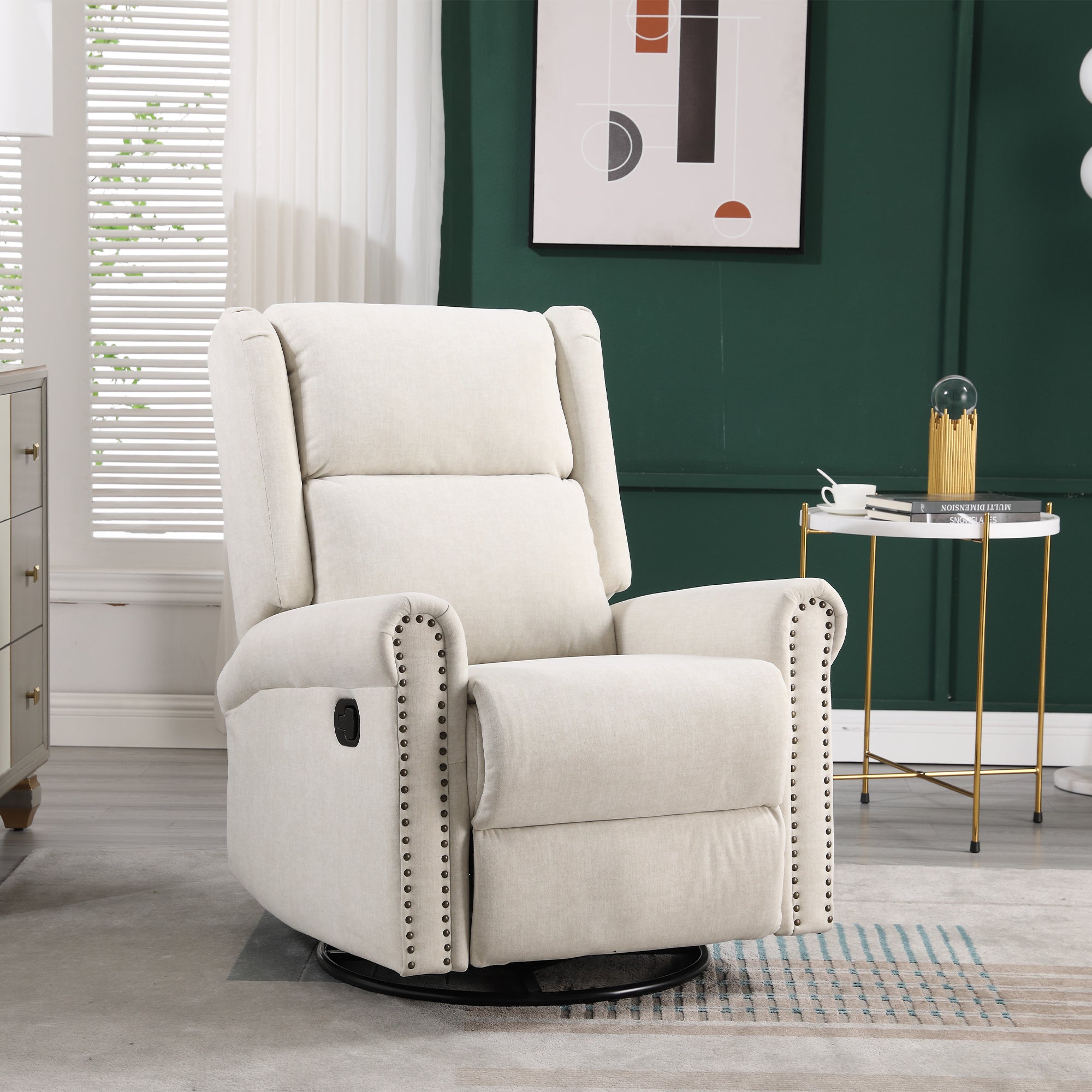 Dinosisco Swivel Glider Rocker for Nursery, Wingback Upholstered Nursery Recliner in Beige