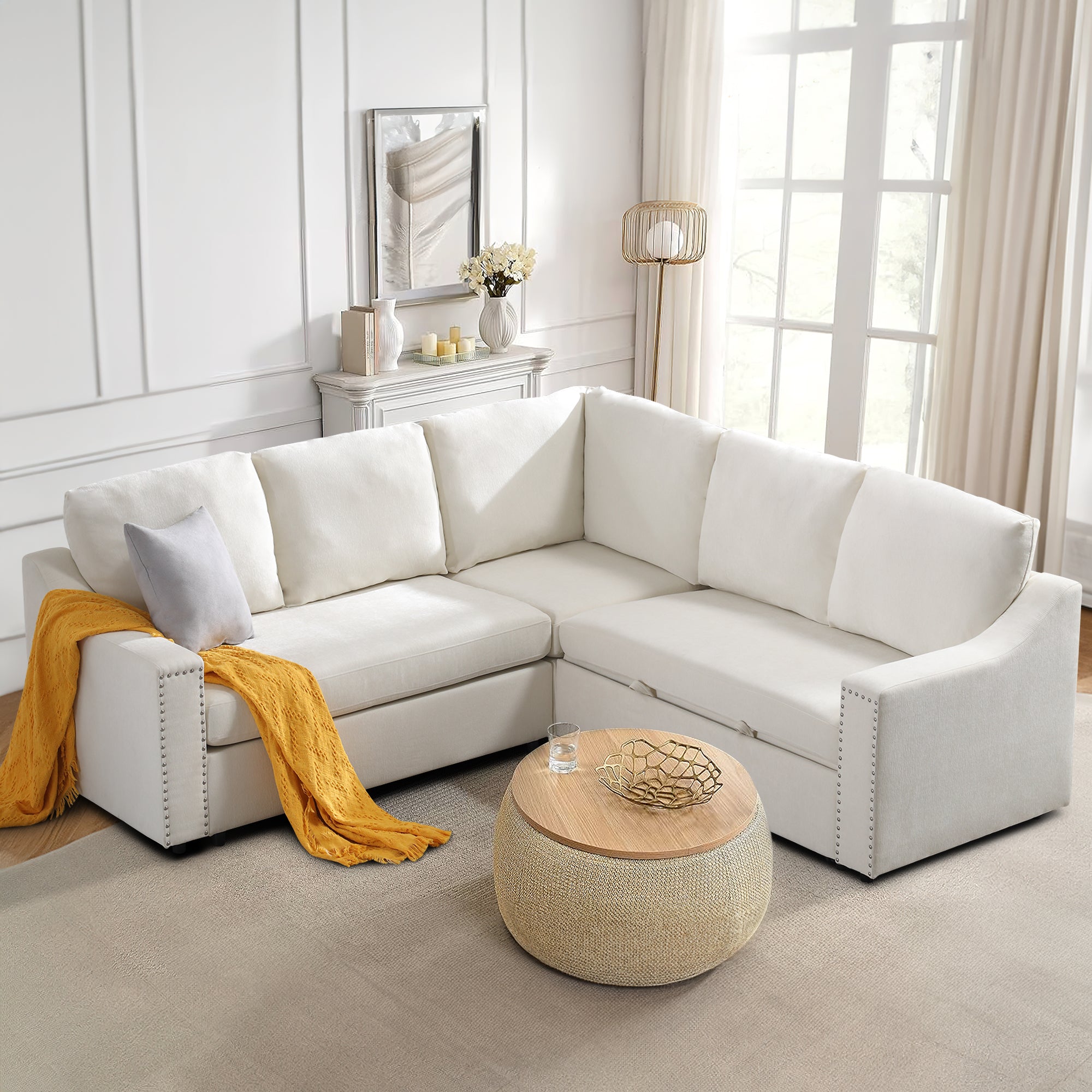 Dinosisco Couch and Sofa Sectional, 81.7" Corner Sofa with Pull-Out Bed, L-Shaped Sleeper Sectional Sofa, Living Room Furniture Set, Beige Chenille