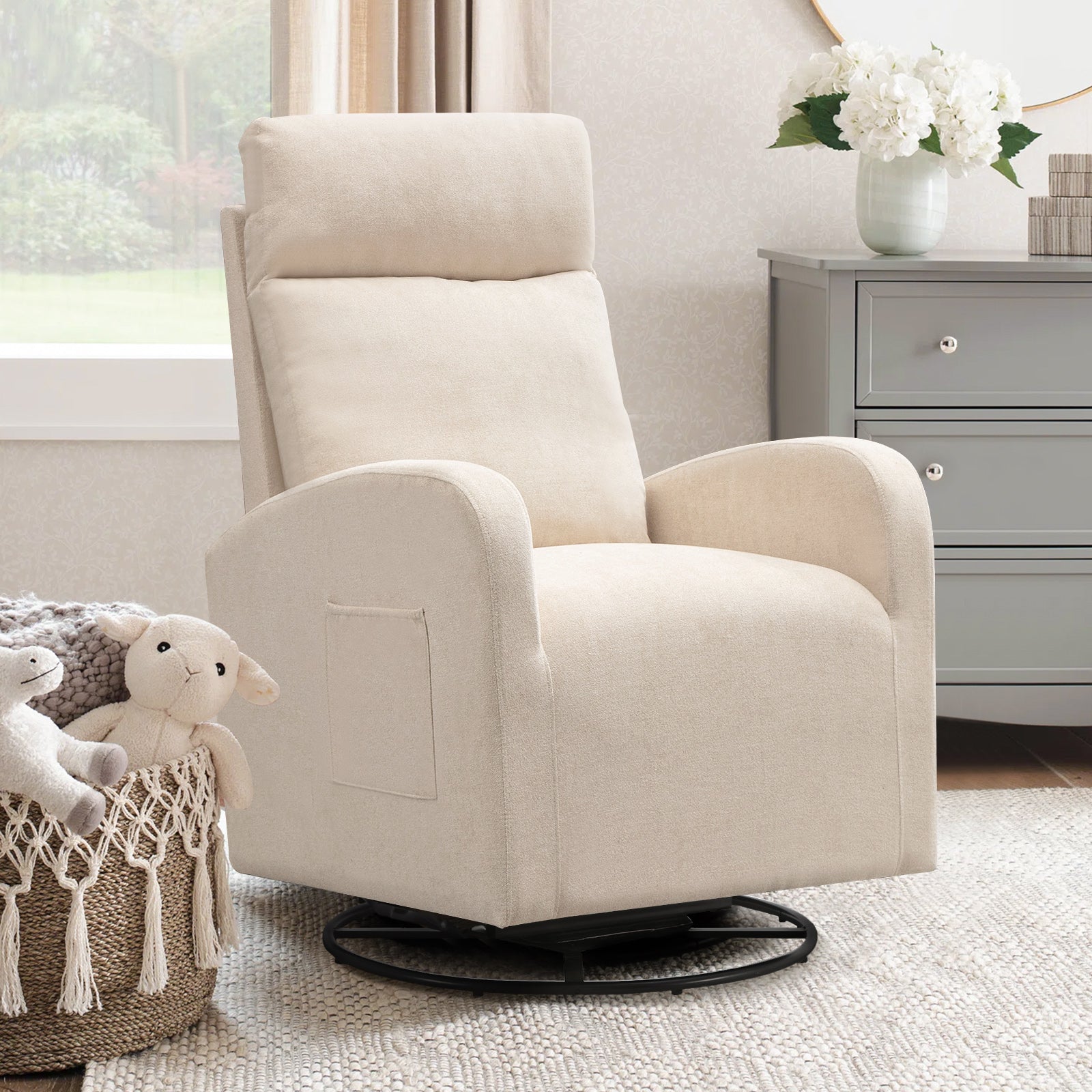 Dinosisco Teddy Glider Rocking Chair for Living Room, High Back Upholstered Swivel Glider Rocker for Nursery, White