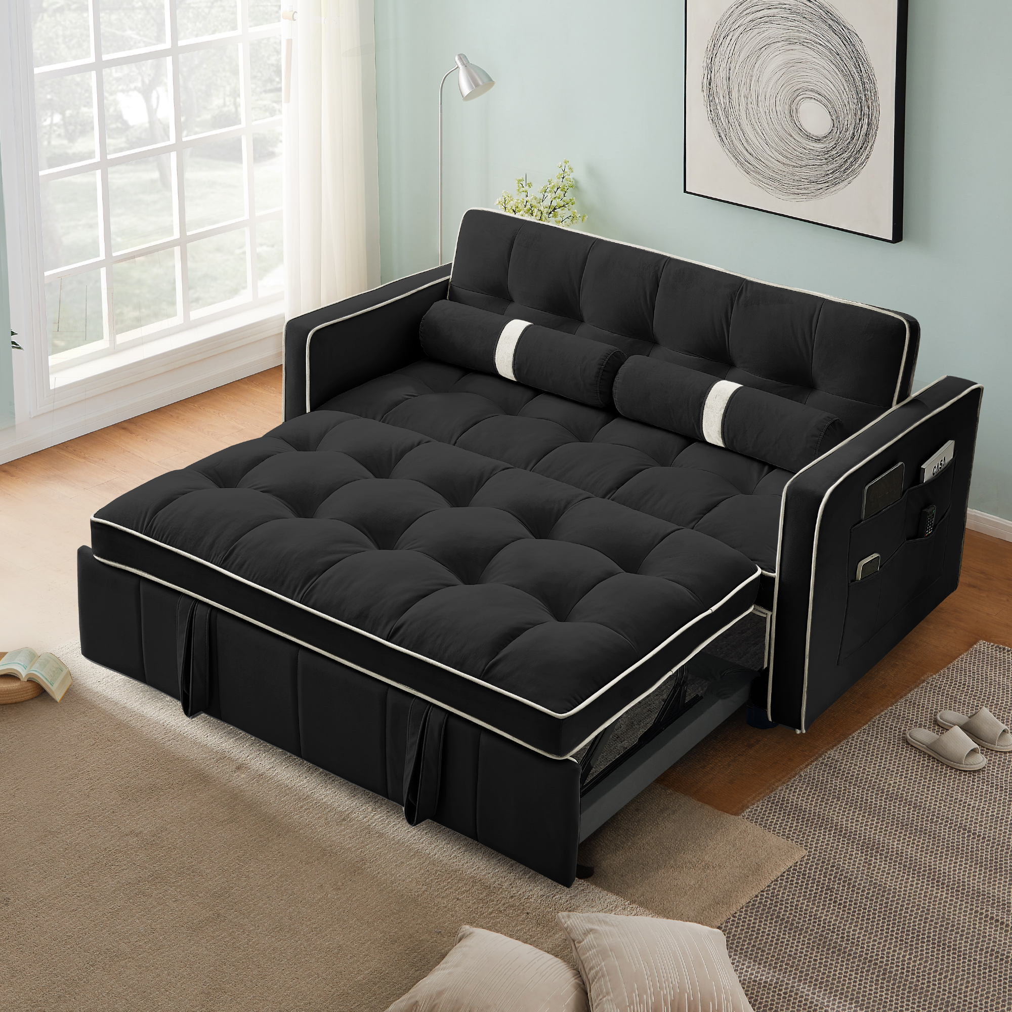 Muumblus 55.5" Pull Out Sofa Bed 2 Seater Loveseats Sleeper Convertible Futon Sofa Bed with Adjsutable Backrest, Modern Velvet Couch for Living Room, Black