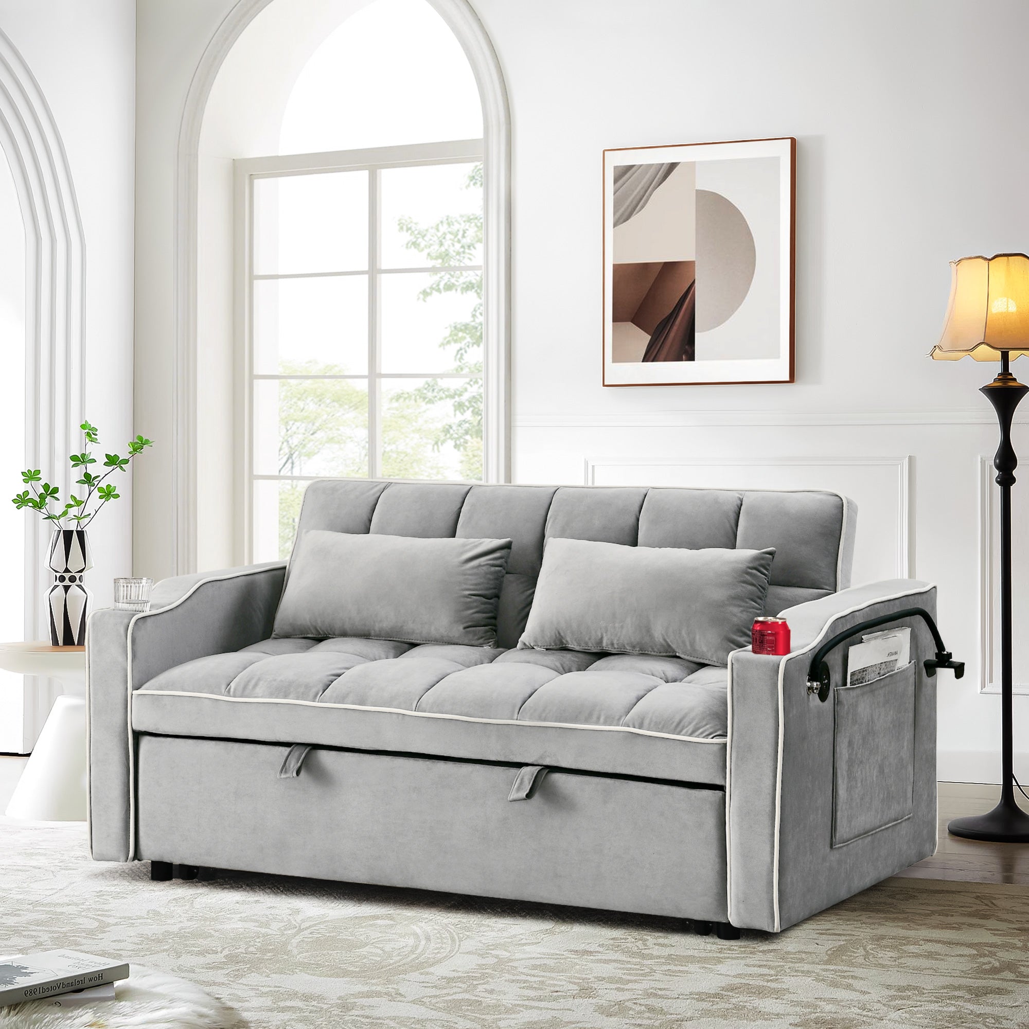 Dinosisco 3-in-1 Convertible Futon Sofa Bed, Loveseat Sleeper with Pho