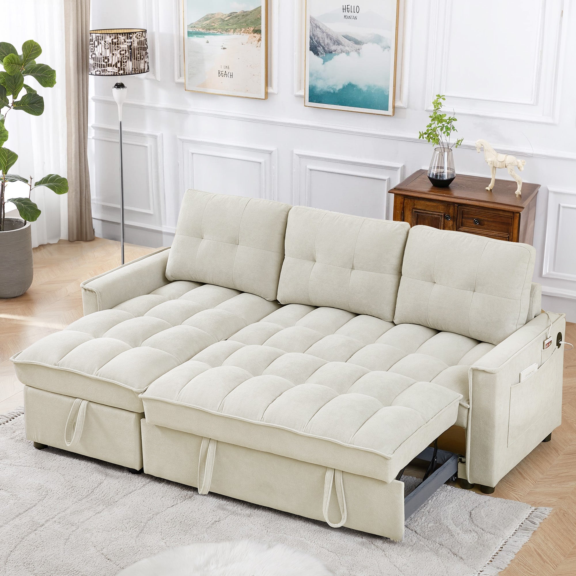 Dinosisco Convertible Sofa Bed with Reversible Storage Chaise, Sleeper Sectional Sofa with USB Charging Ports, L-Shaped Sectional Sofa for Apartment, Black Chenille