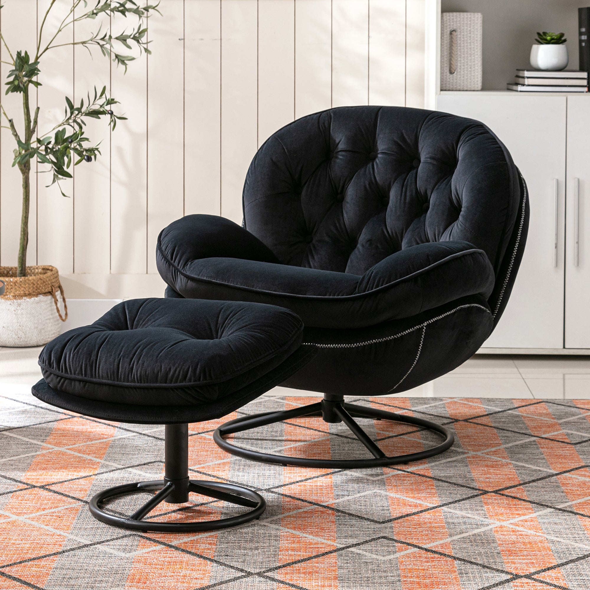 Dinosisco Swivel Accent Chair with Ottoman, Modern Tufted Lounge Chair for Living Room, Blue Velvet