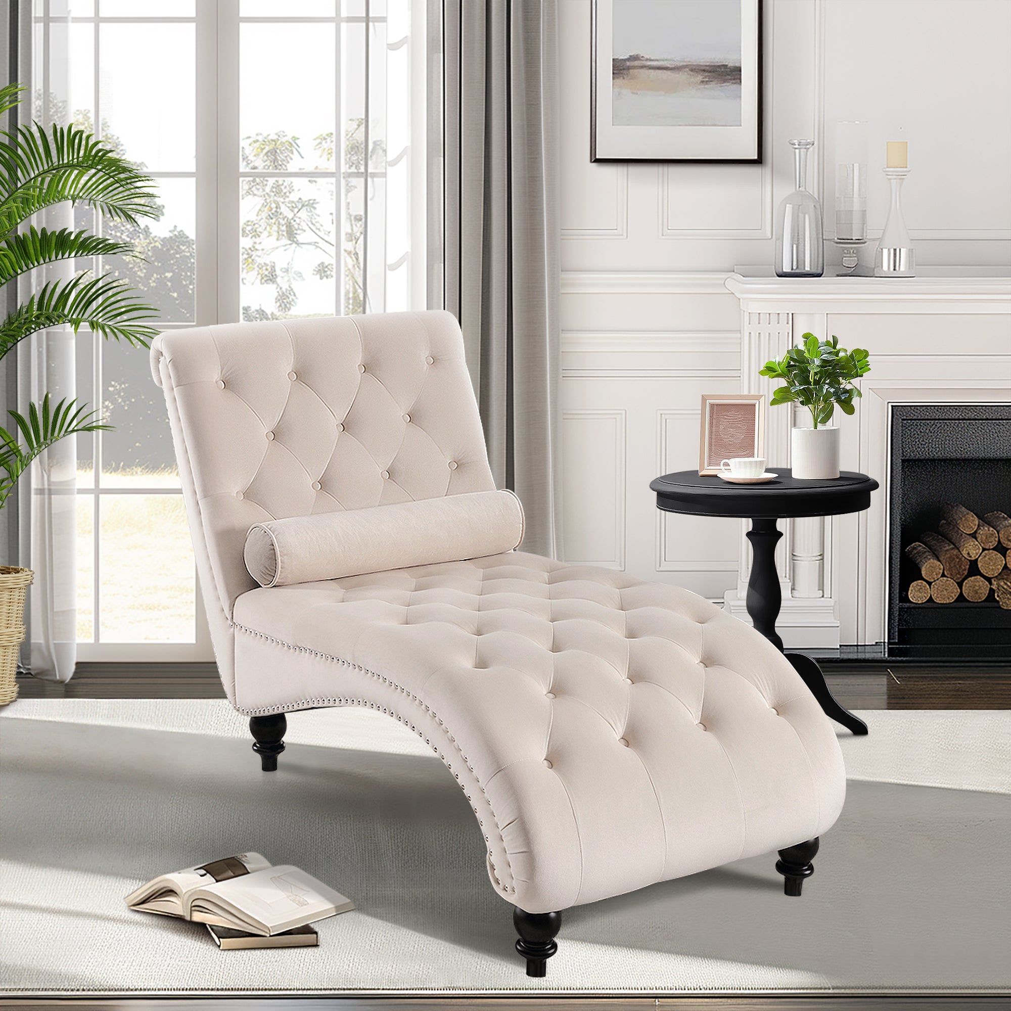 Dinosisco Chaise Lounge Indoor, Tufted Upholstered Accent Chair for Living Room, Beige Velvet