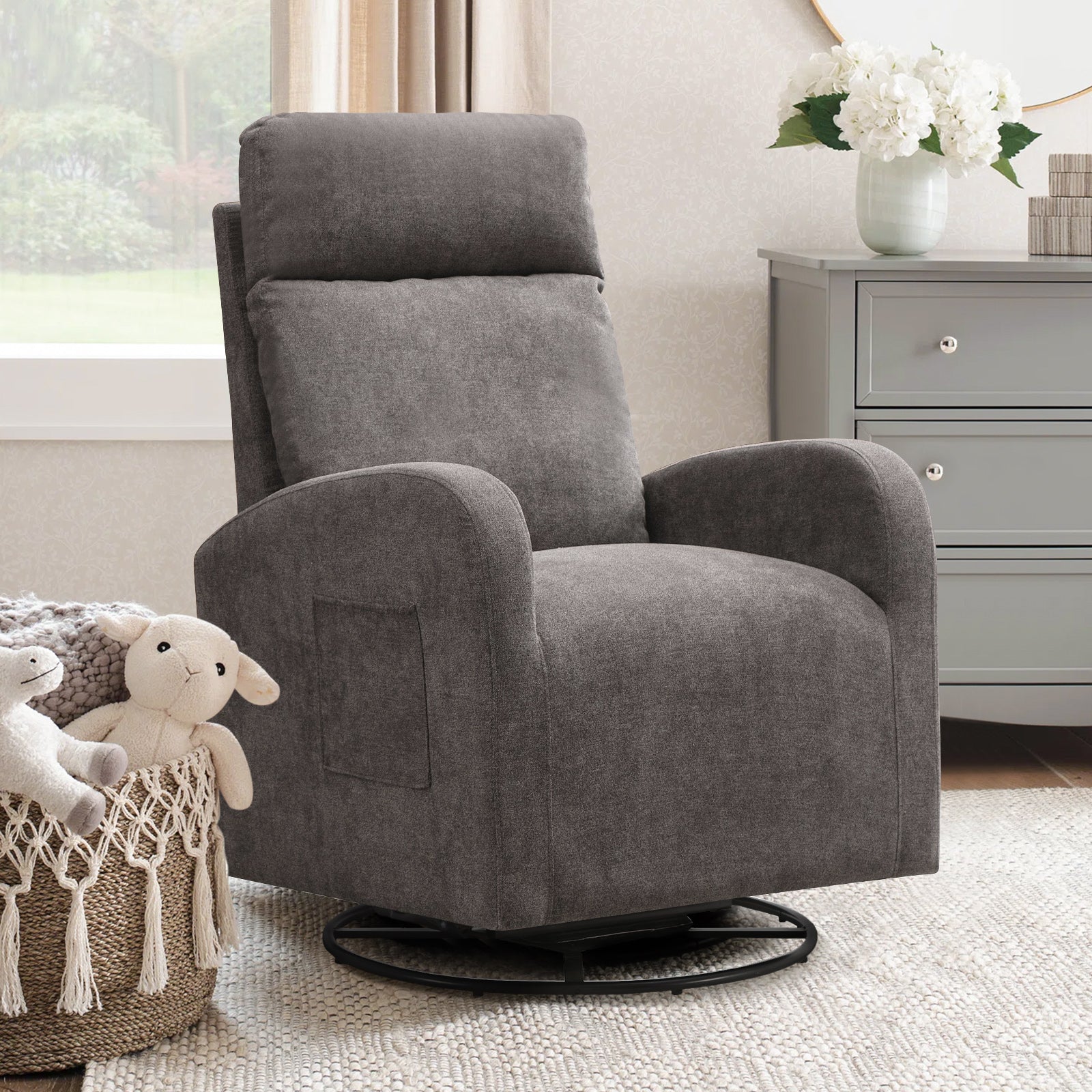 Dinosisco Teddy Glider Rocking Chair for Living Room, High Back Upholstered Swivel Glider Rocker for Nursery, White