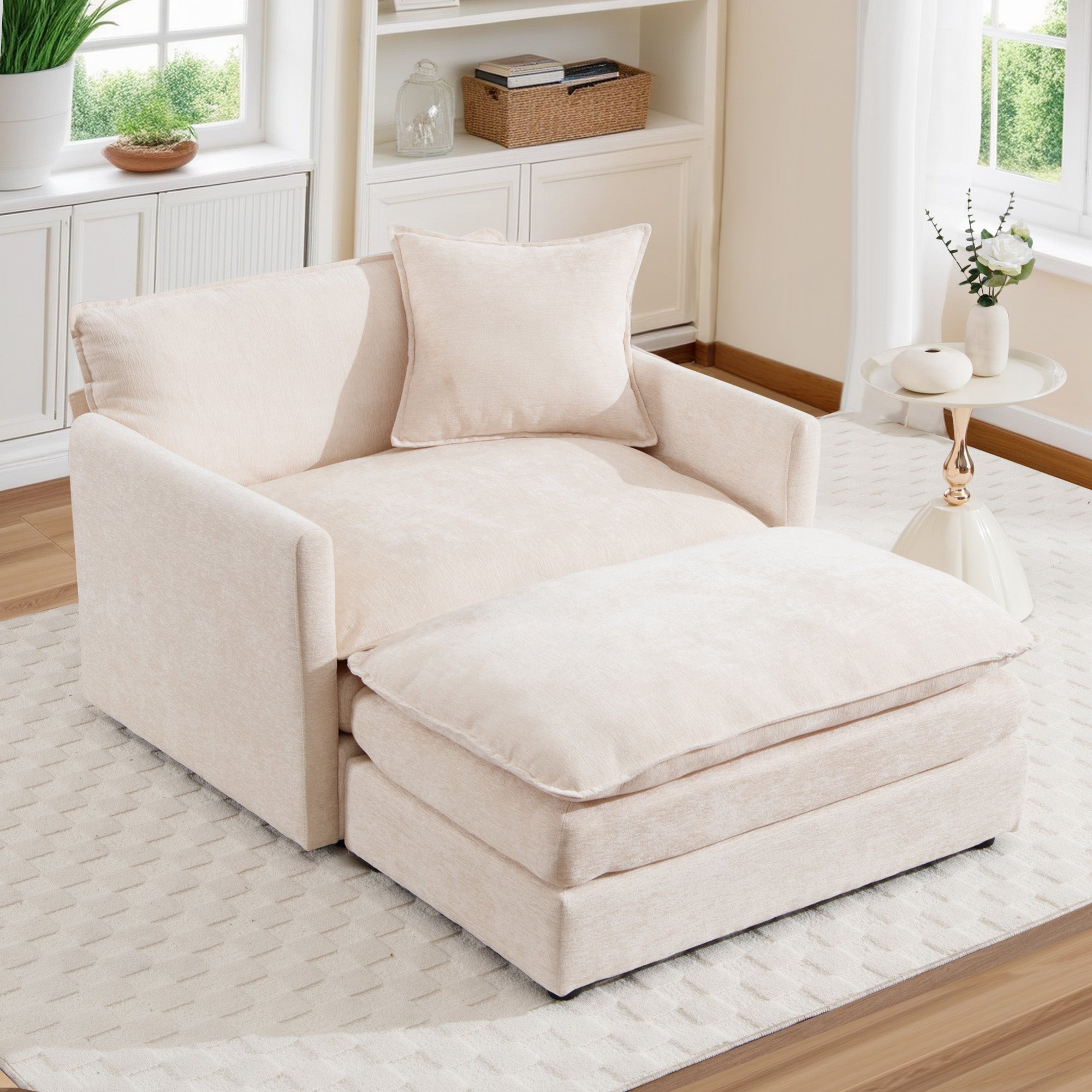 Dinosisco Oversized Lounge Chair with Ottoman, Cloud Accent Armchair for Living Room, Beige Chenille