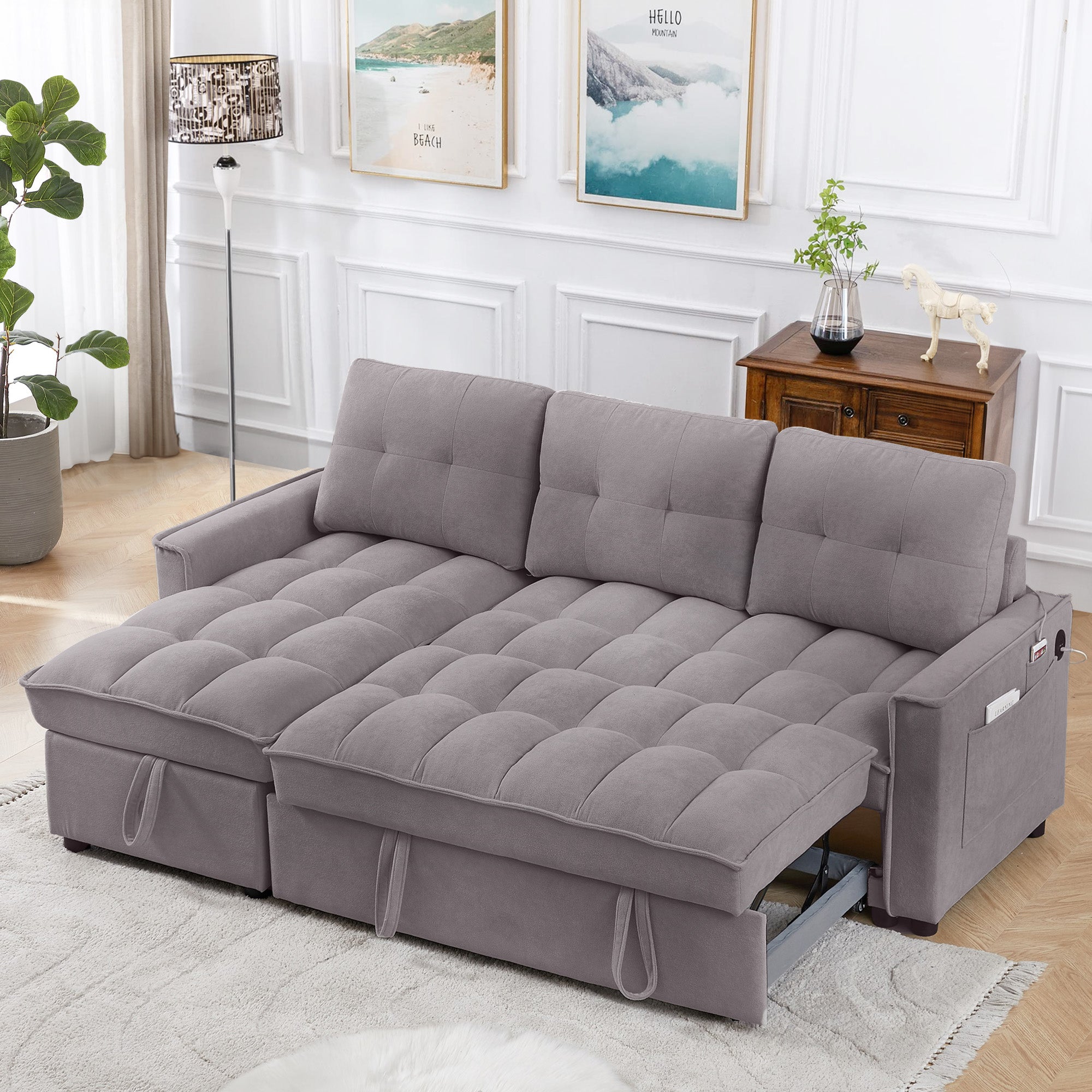 Dinosisco Convertible Sofa Bed with Reversible Storage Chaise, Sleeper Sectional Sofa with USB Charging Ports, L-Shaped Sectional Sofa for Apartment, Black Chenille