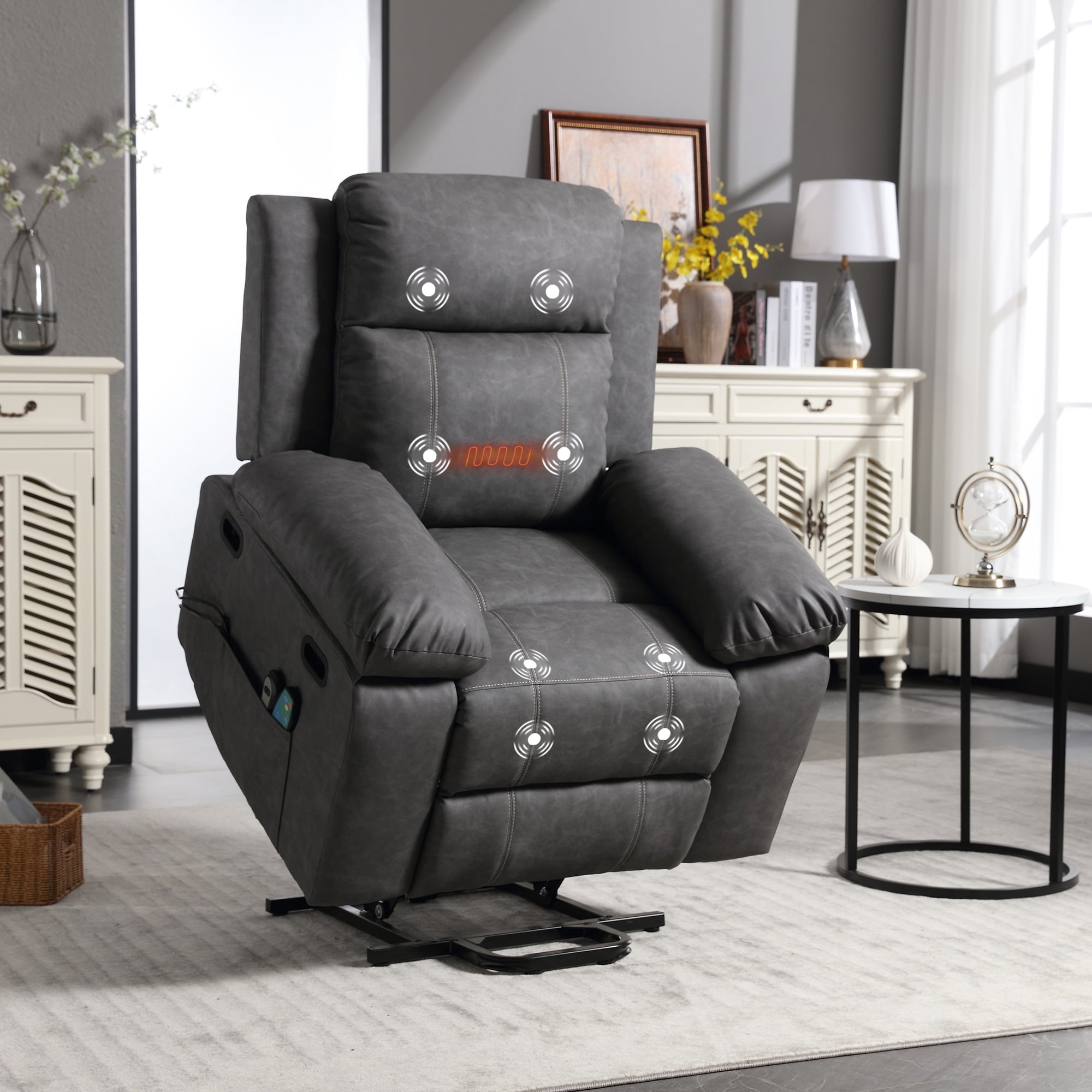 Muumblus Power Lift Recliner Chair Electric Recliners for Elderly, Heat and Massage, PU Leather Sofa Chair for Living Room Bedroom, Gray