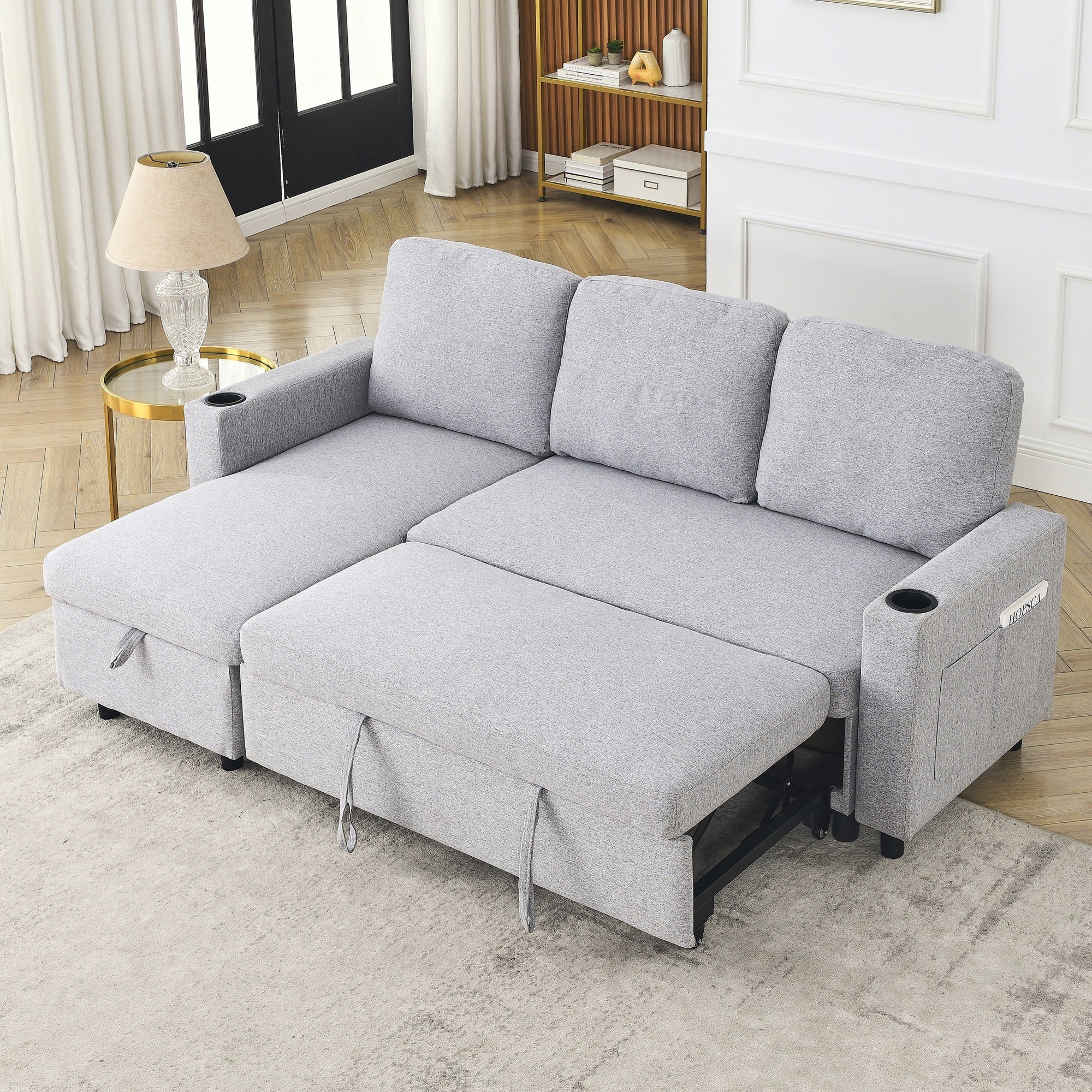 Dinosisco Sleeper Sofa Sectional, Convertible Sofa Bed with Reversible Storage Chaise, Cup Holders, L-Shaped Sectional Sofa for Apartment, Living Room, Light Gray Linen