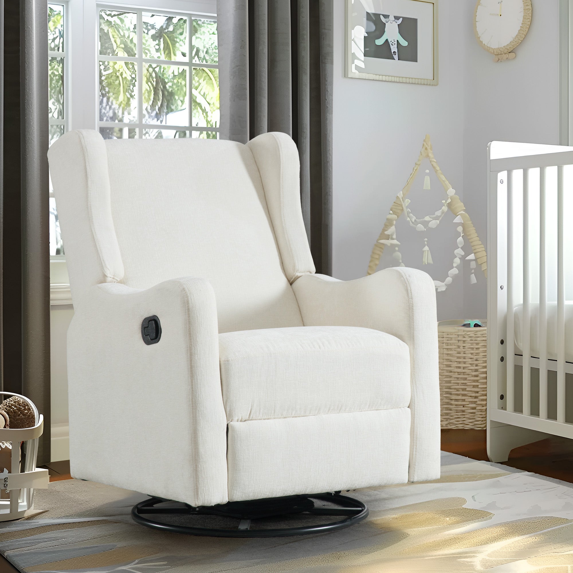 Dinosisco Swivel Glider Rocking Chair for Nursery, Wingback Upholstered Glider Rocker for Living Room, Beige Chenille Fabric