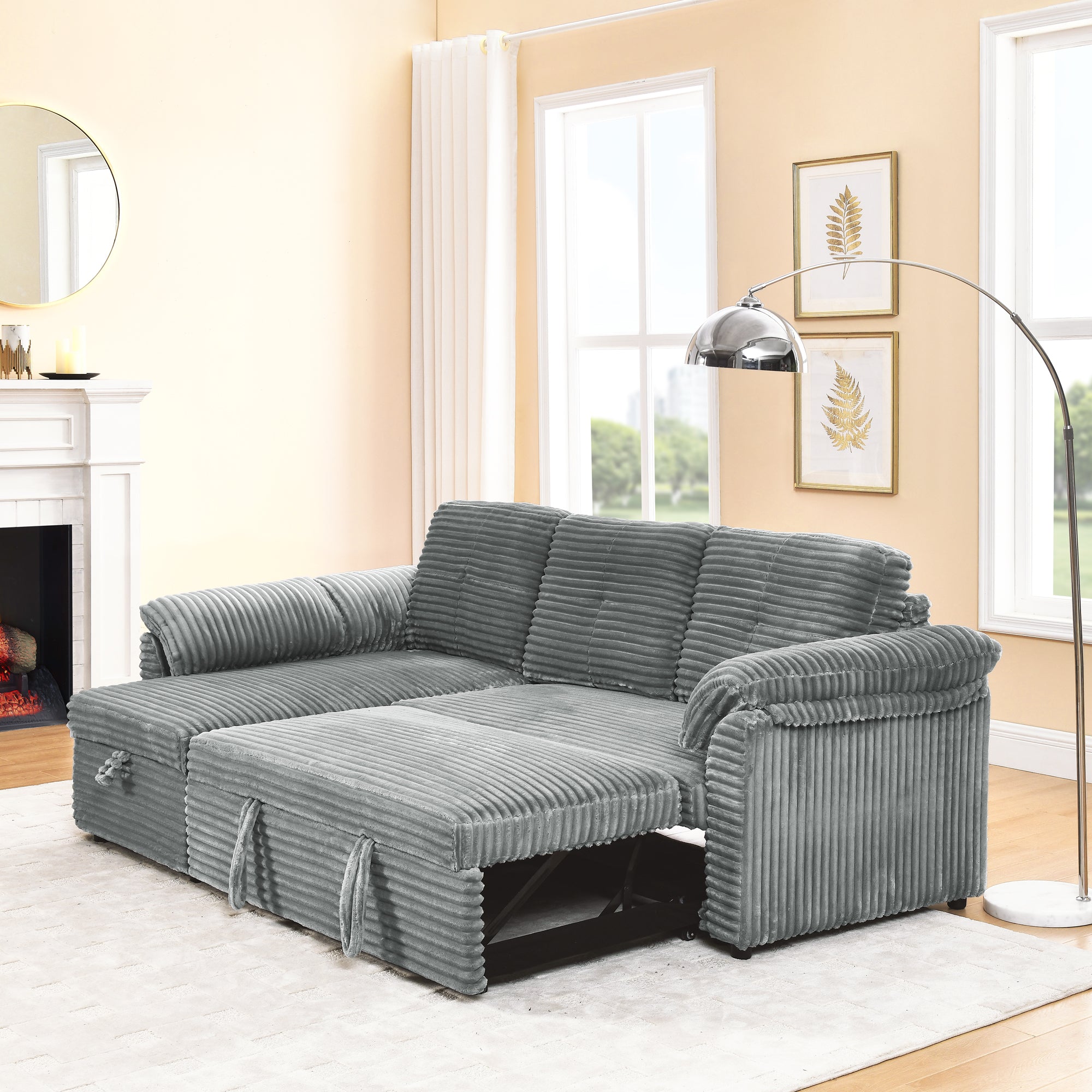 Dinosisco Sleeper Sofa Sectional, Convertible Sofa Bed with Storage Chaise, Corduroy L-Shaped Sectional Sofa for Apartment, Living Room, Gray