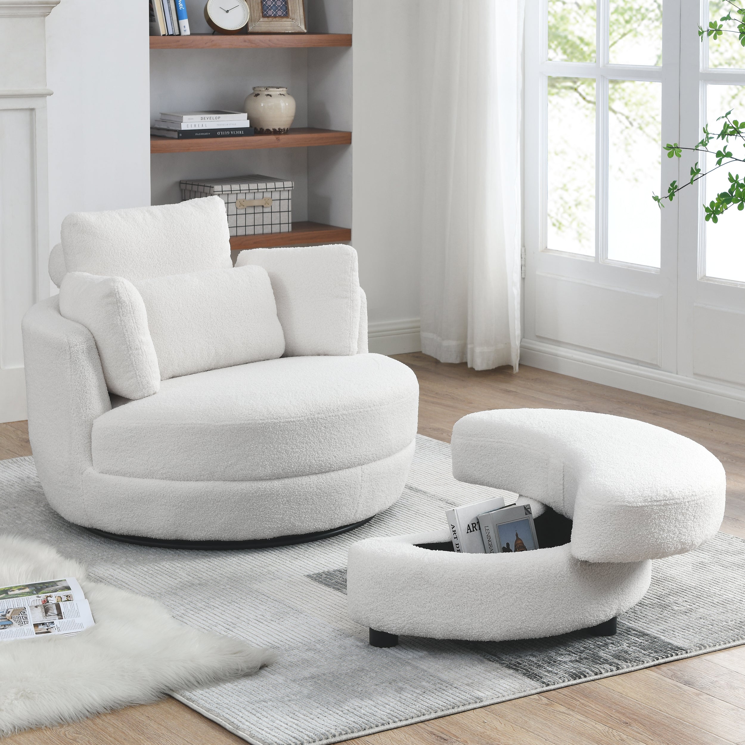Dinosisco 39"W Oversized Swivel Accent Barrel Chair with Storage Ottoman, Gray Teddy