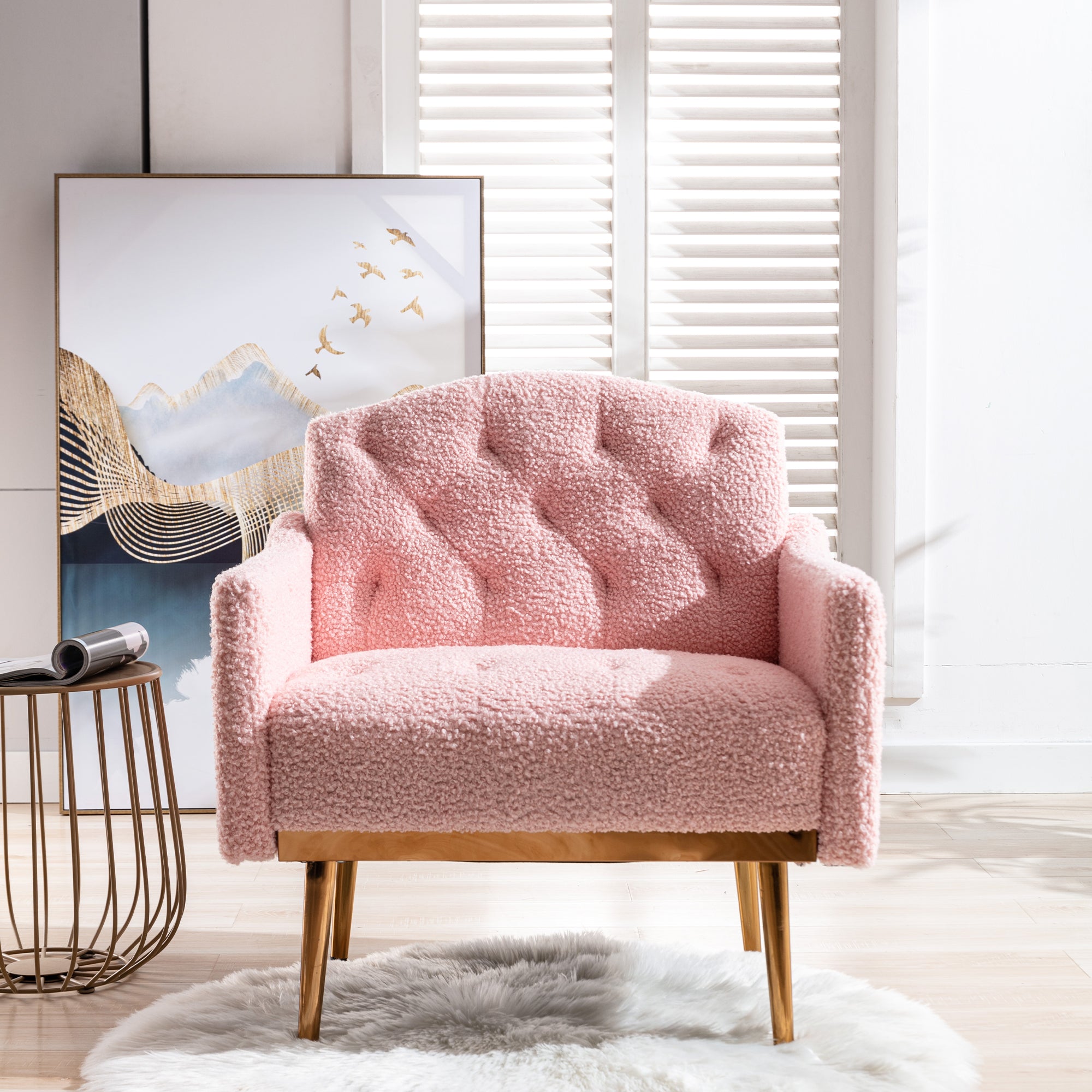 Dinosisco Modern Upholstered Accent Armchair for Living Room Bedroom, White Teddy