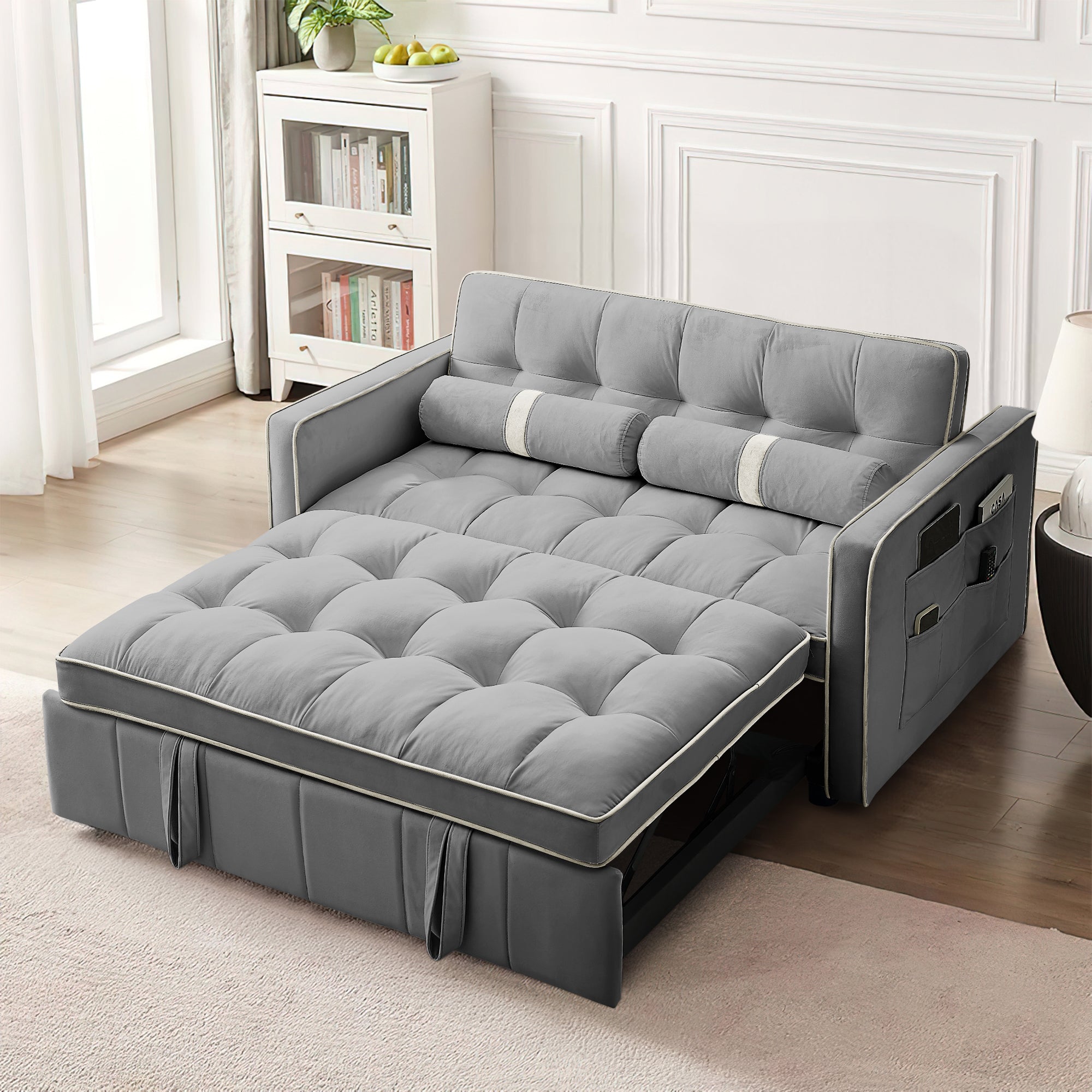 Dinosisco 3 in 1 Convertible Pull Out Sofa Bed, 55" Velvet Loveseat Sleeper for Living Room, Black