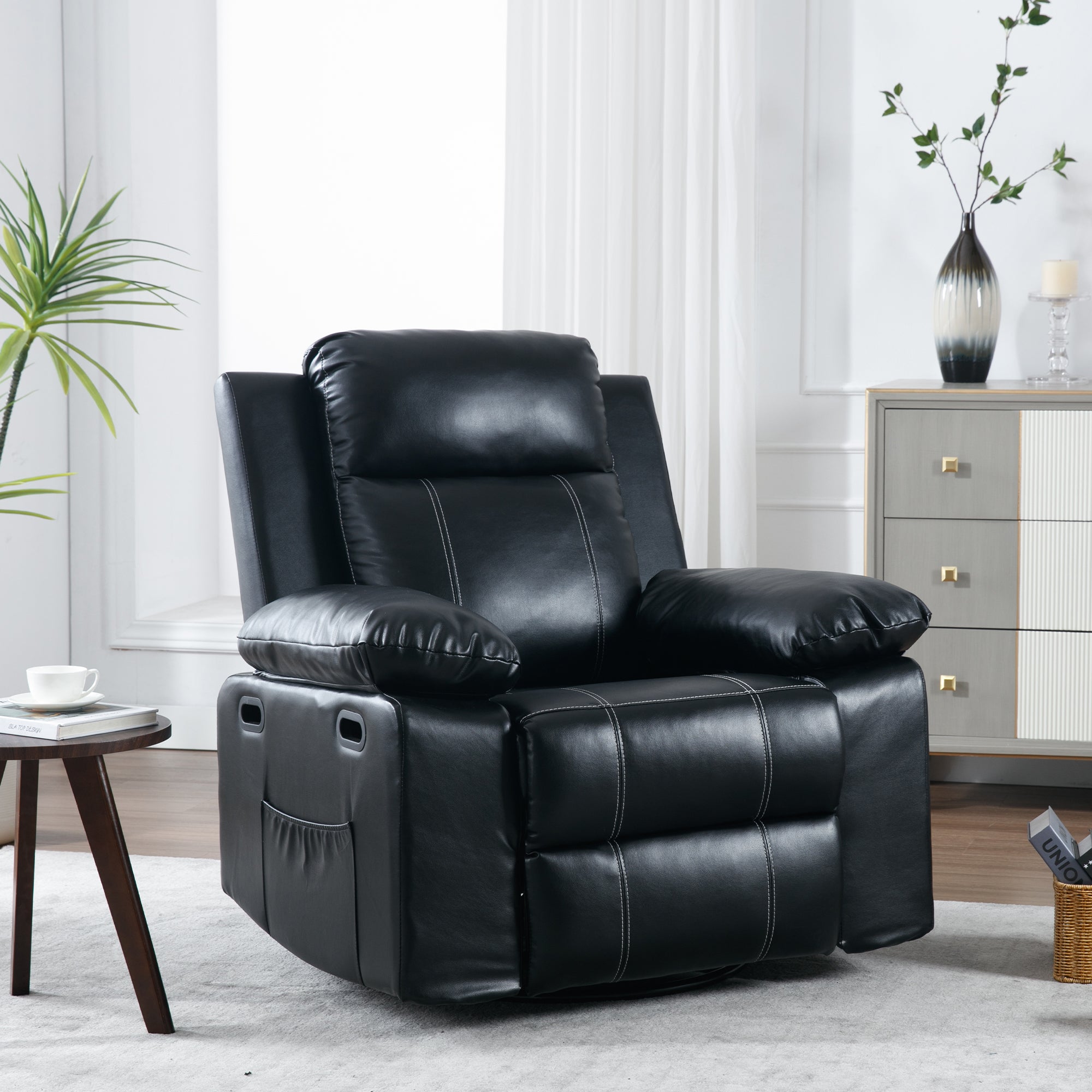 Muumblus Swivel Glider Rocker Recliner Chair with Power Heat and Massage, Comfortable Faux Leather Reclining Sofa for Living Room, Black