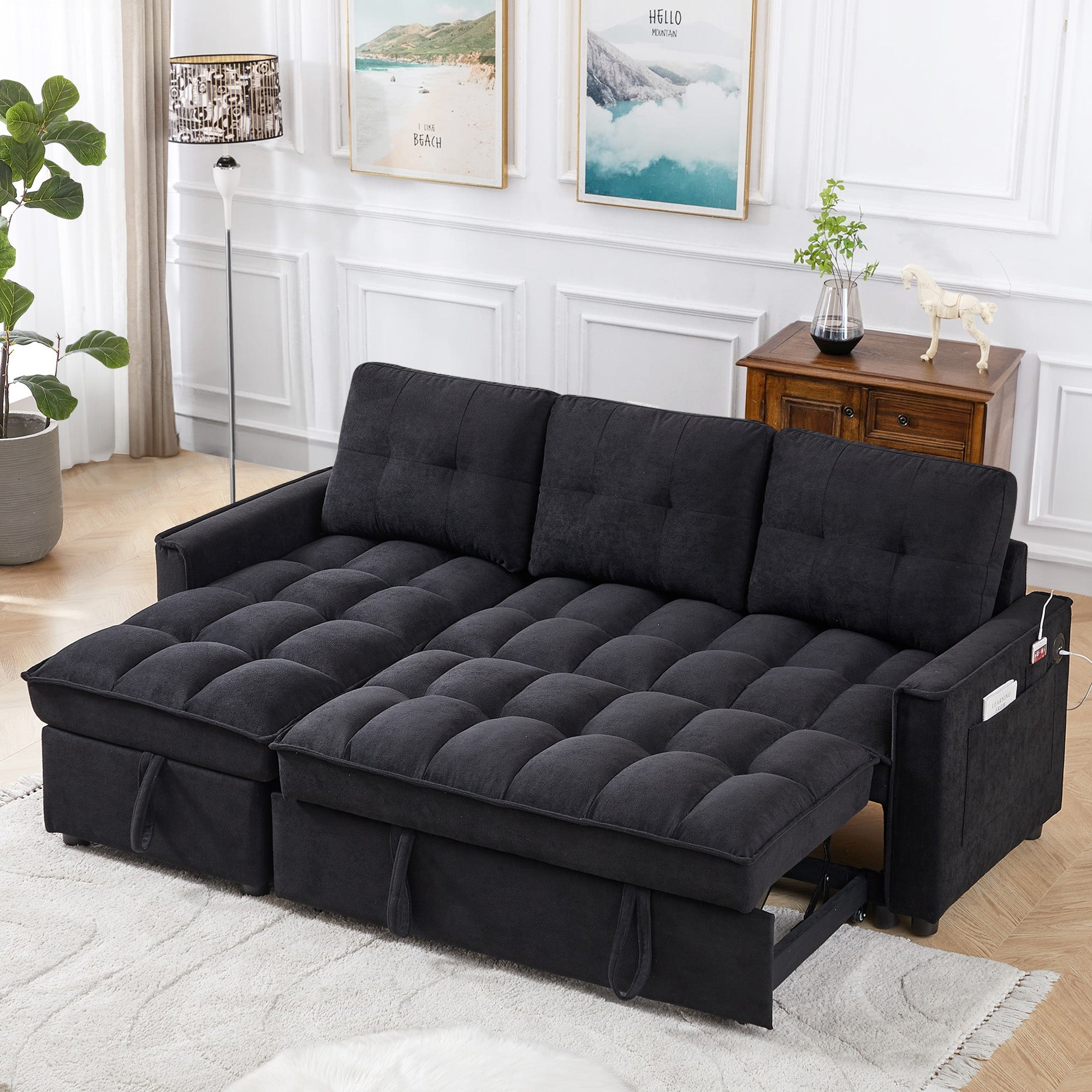 Dinosisco Convertible Sofa Bed with Reversible Storage Chaise, Sleeper Sectional Sofa with USB Charging Ports, L-Shaped Sectional Sofa for Apartment, Black Chenille