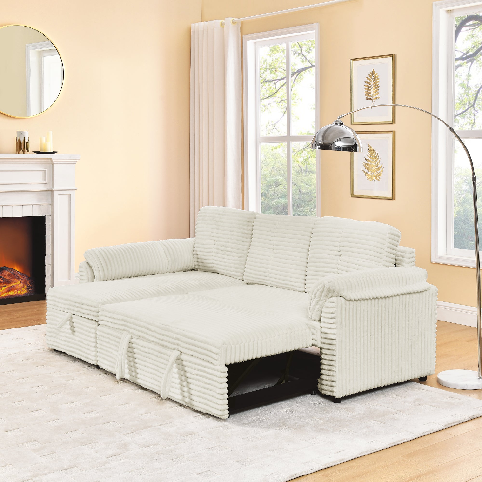 Dinosisco Sleeper Sofa Sectional, Convertible Sofa Bed with Storage Chaise, Corduroy L-Shaped Sectional Sofa for Apartment, Living Room, Gray