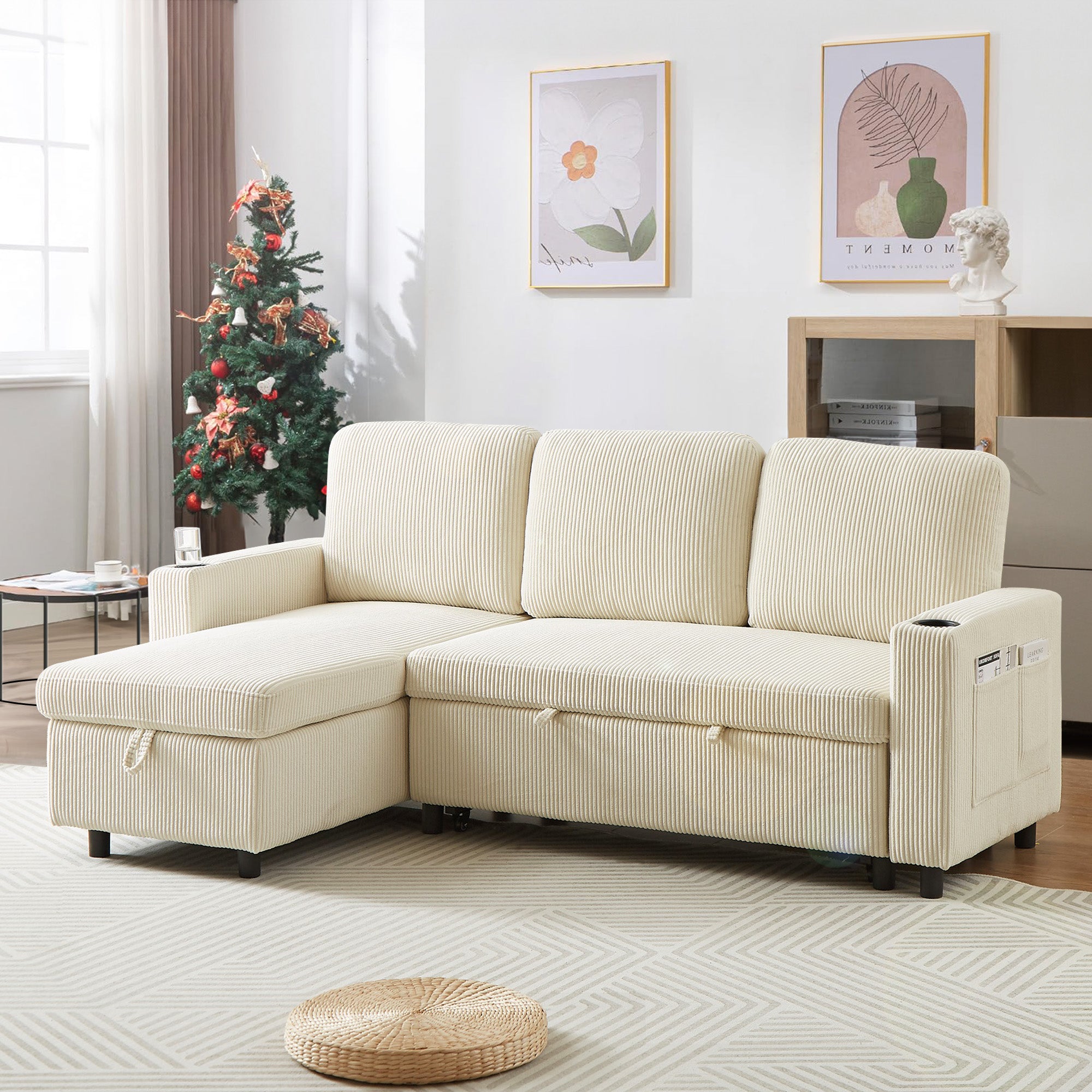 Dinosisco Sleeper Sofa Sectional, Convertible Sofa Bed with Reversible Storage Chaise, Cup Holders, Corduroy L-Shaped Sectional Sofa for Apartment, Living Room, Beige