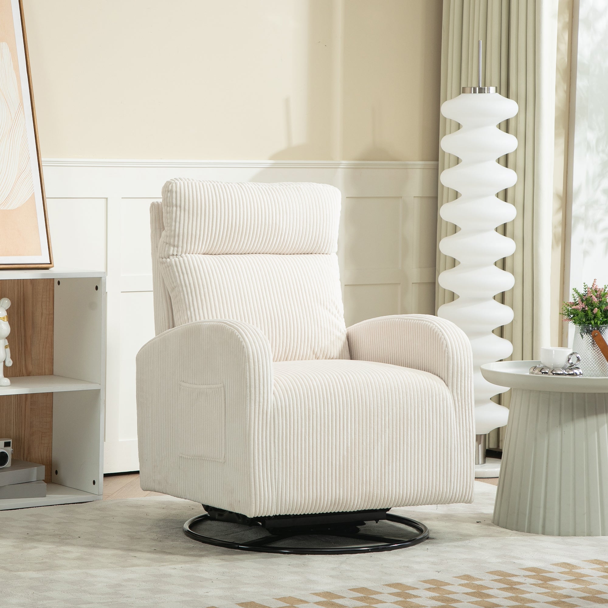 Dinosisco Swivel Glider Rocker for Nursery, Corduroy High Back Rocking Chair in Beige