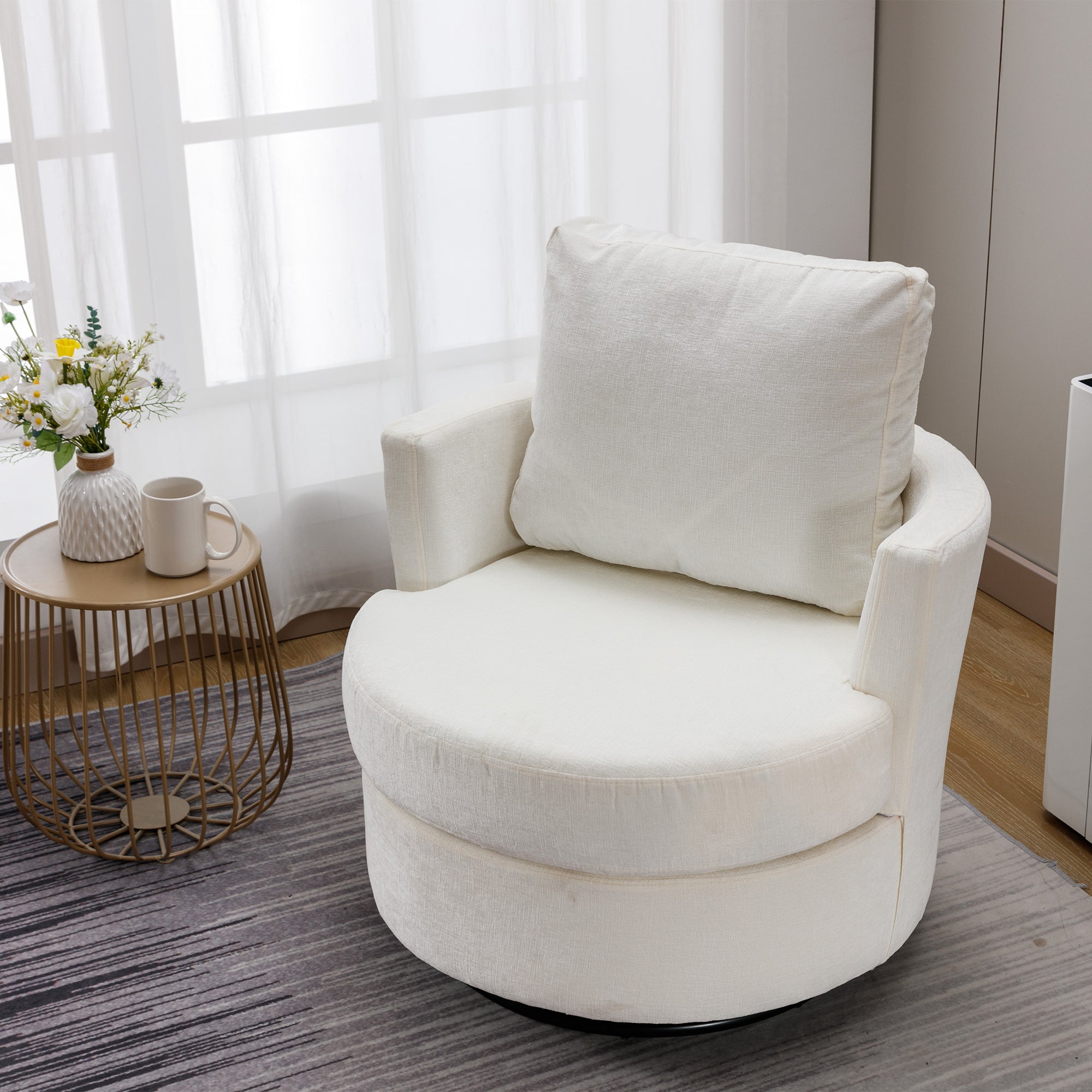 Dinosisco Swivel Barrel Chair, Chenille Accent Armchair for Living Room Bedroom, Beige