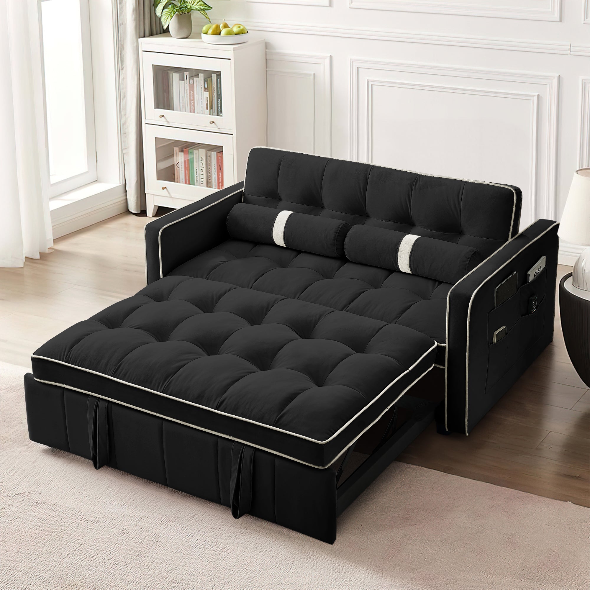 Dinosisco 3 in 1 Convertible Pull Out Sofa Bed, 55" Velvet Loveseat Sleeper for Living Room, Black