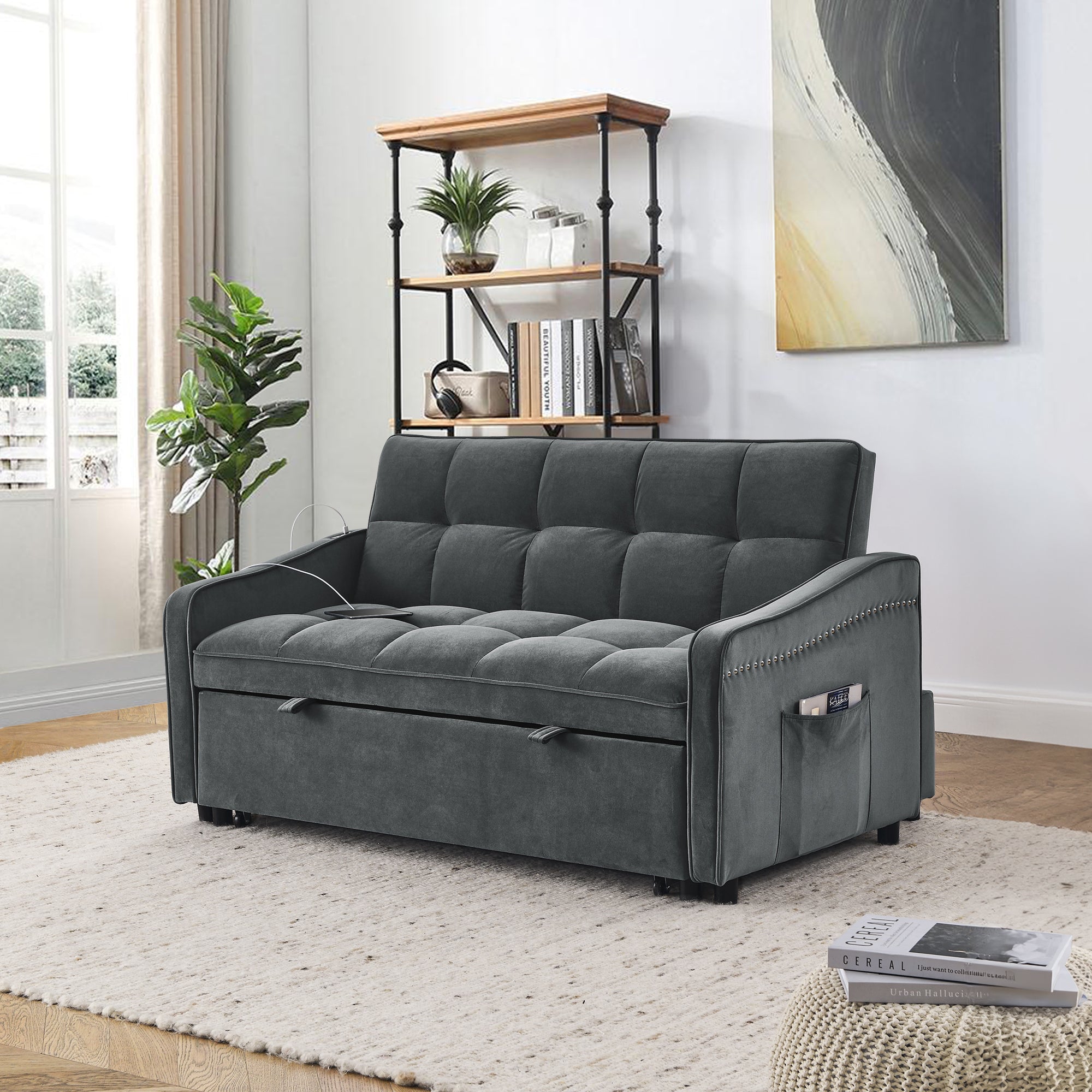 Dinosisco Pull Out Sofa Bed with Usb/Type-C, Loveseat Sleeper with Adjust Back, Convertible Sleeper Sofa for Apartment/Living Room, Gray Velvet