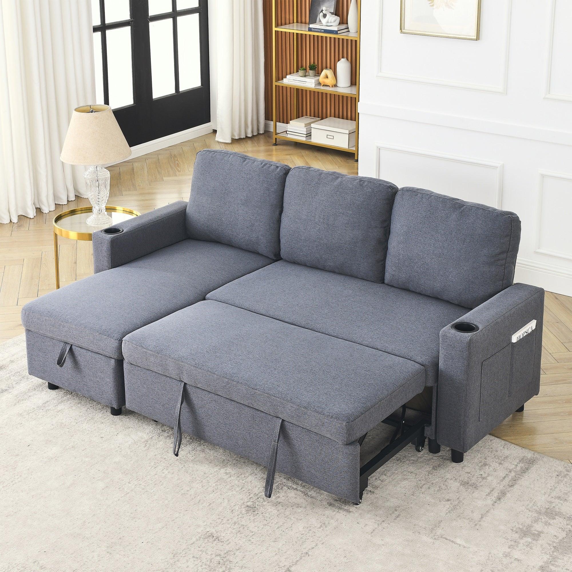 Dinosisco Sleeper Sofa Sectional, Convertible Sofa Bed with Reversible Storage Chaise, Cup Holders, L-Shaped Sectional Sofa for Apartment, Living Room, Light Gray Linen