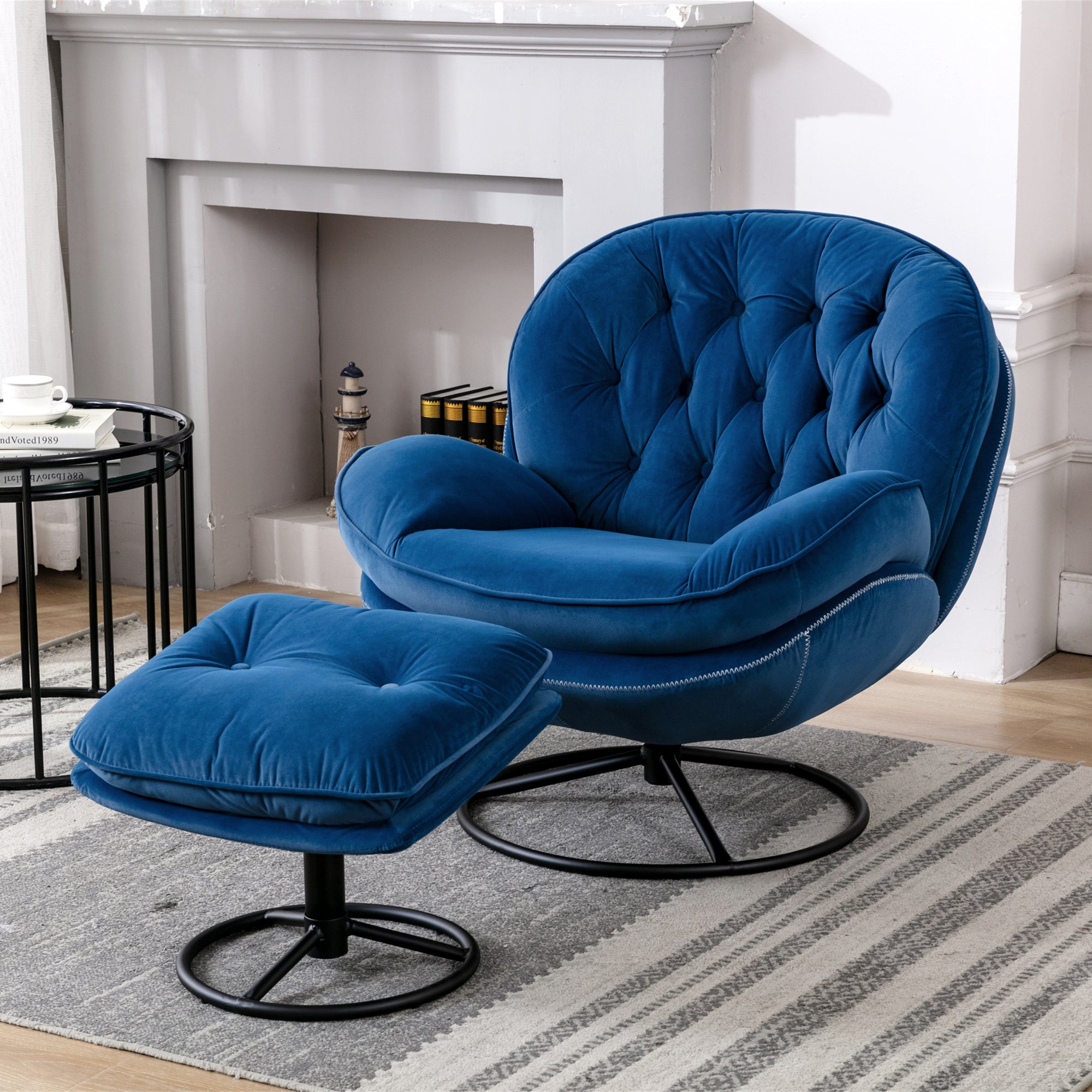 Dinosisco Swivel Accent Chair with Ottoman, Modern Tufted Lounge Chair for Living Room, Blue Velvet