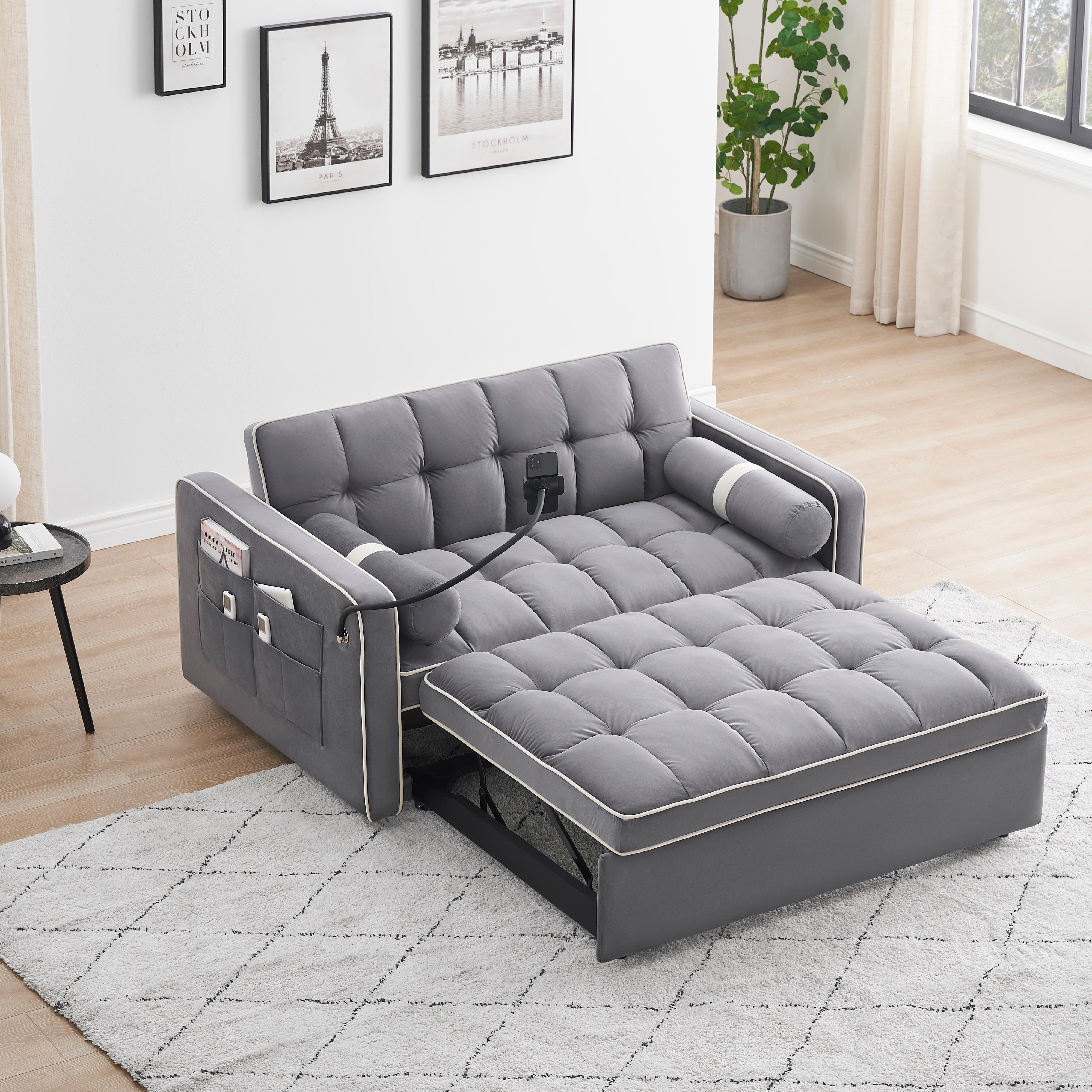 Dinosisco 55" Convertible Loveseat Sleeper, Upholstered Tufted Sofa Bed for Living Room, Gray Velvet