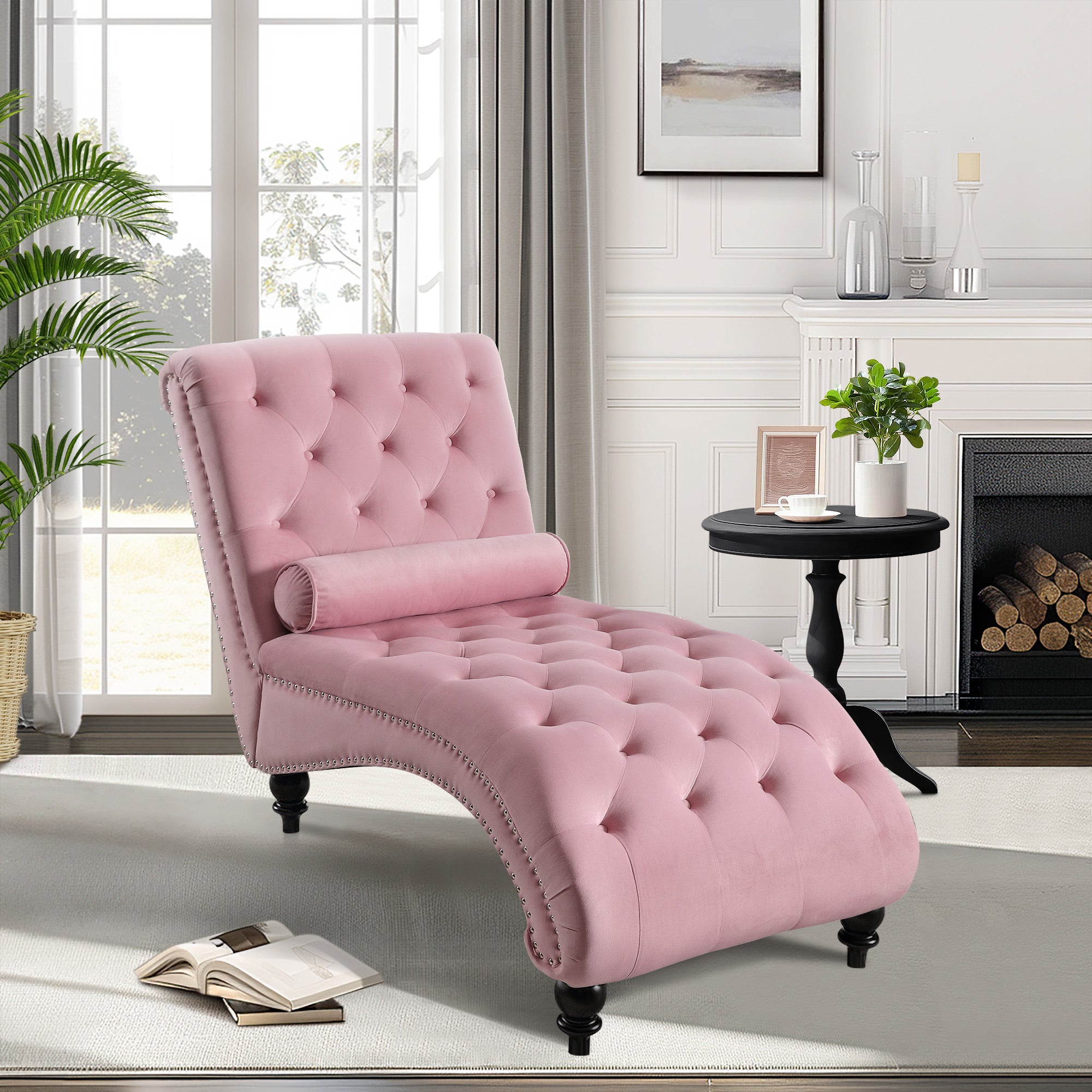 Dinosisco Chaise Lounge Indoor, Tufted Upholstered Accent Chair for Living Room, Beige Velvet