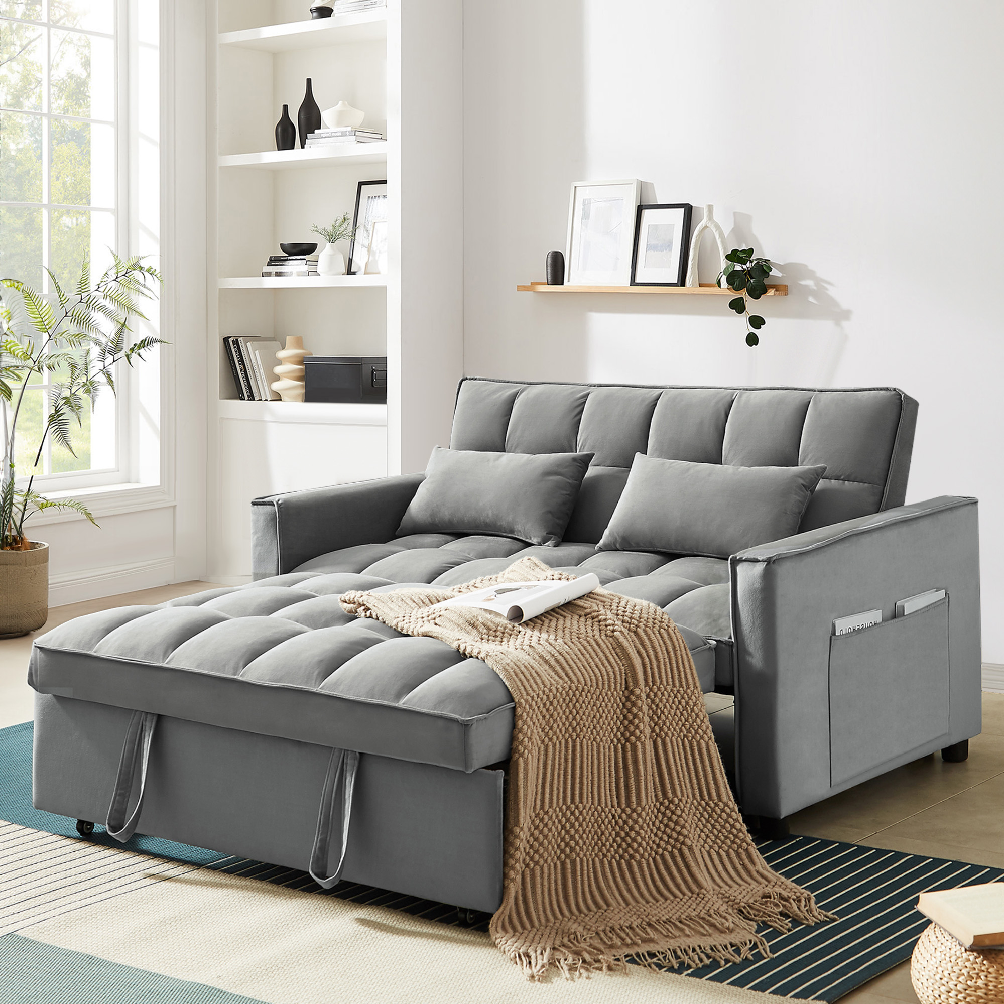Dinosisco 3 in 1 Convertible Pull Out Sofa Bed, 55" Velvet Sleeper Loveseat, Gray