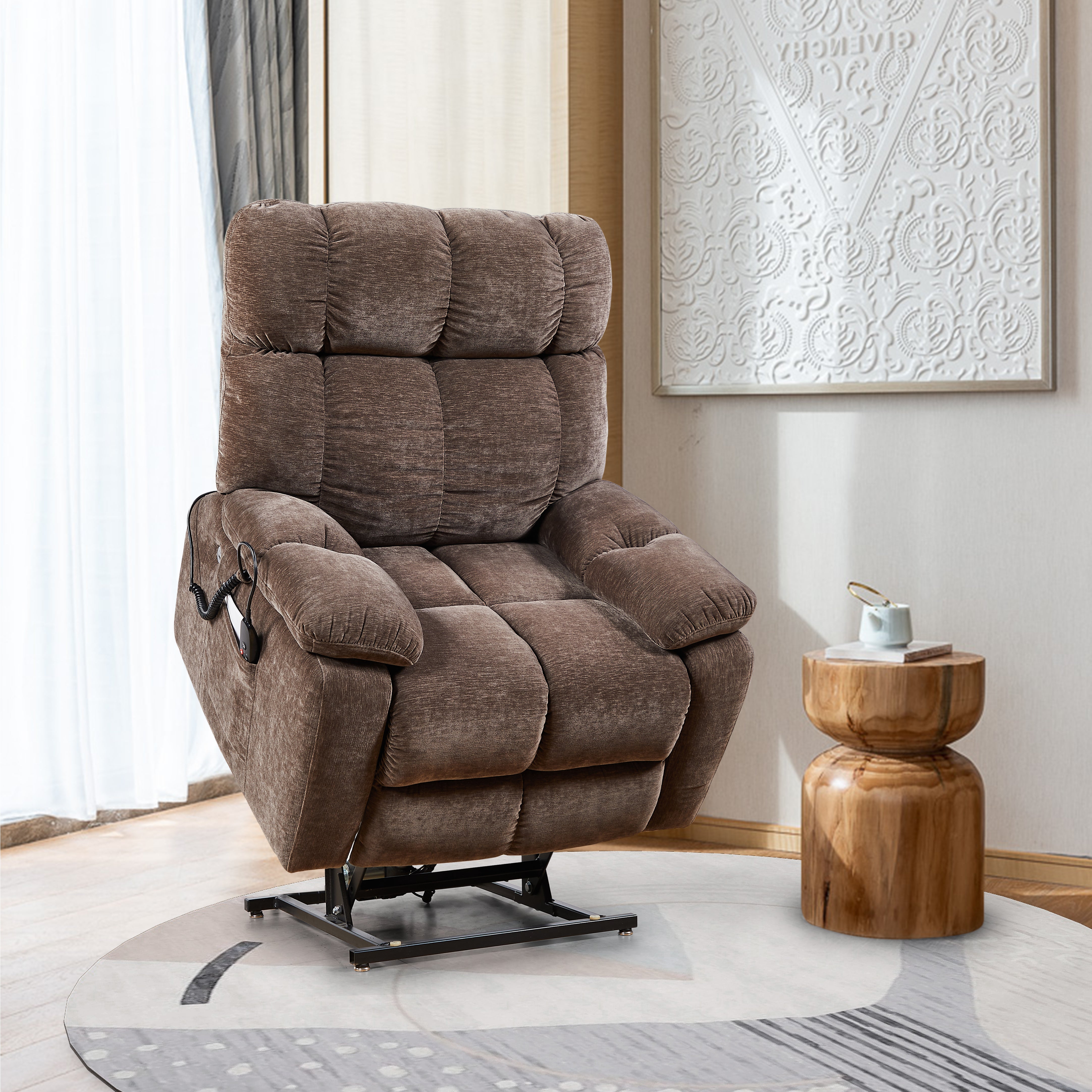 Dinosisco Power Lift Recliner Chair for Elderly, Massage and Heat, 2 Side Pockets, USB Charge Ports, Brown Fabric
