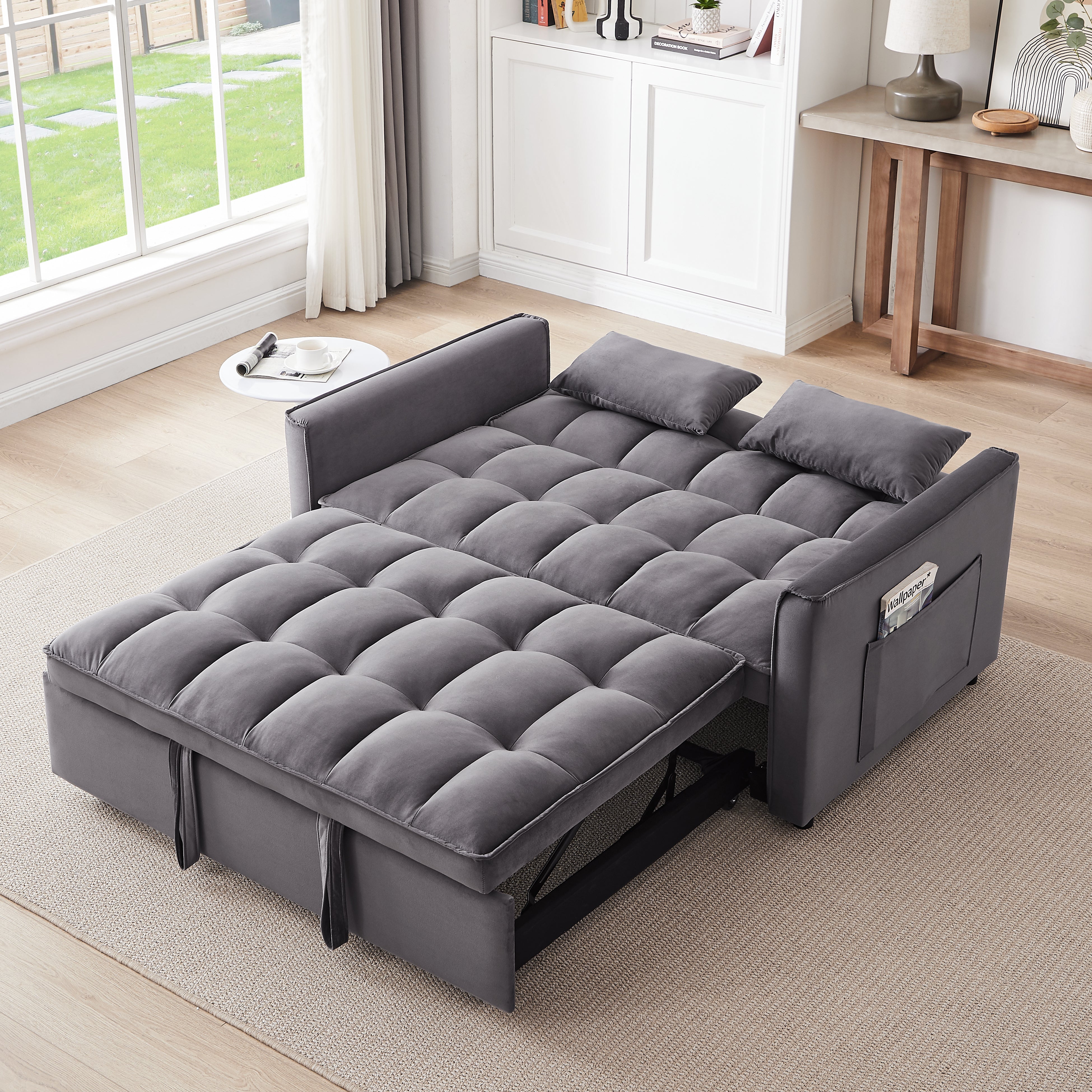 Dinosisco 3-in-1 Convertible Loveseat Sleeper, 55" Futon Sofa Bed with Adjustable Back, Dark Gray Velvet