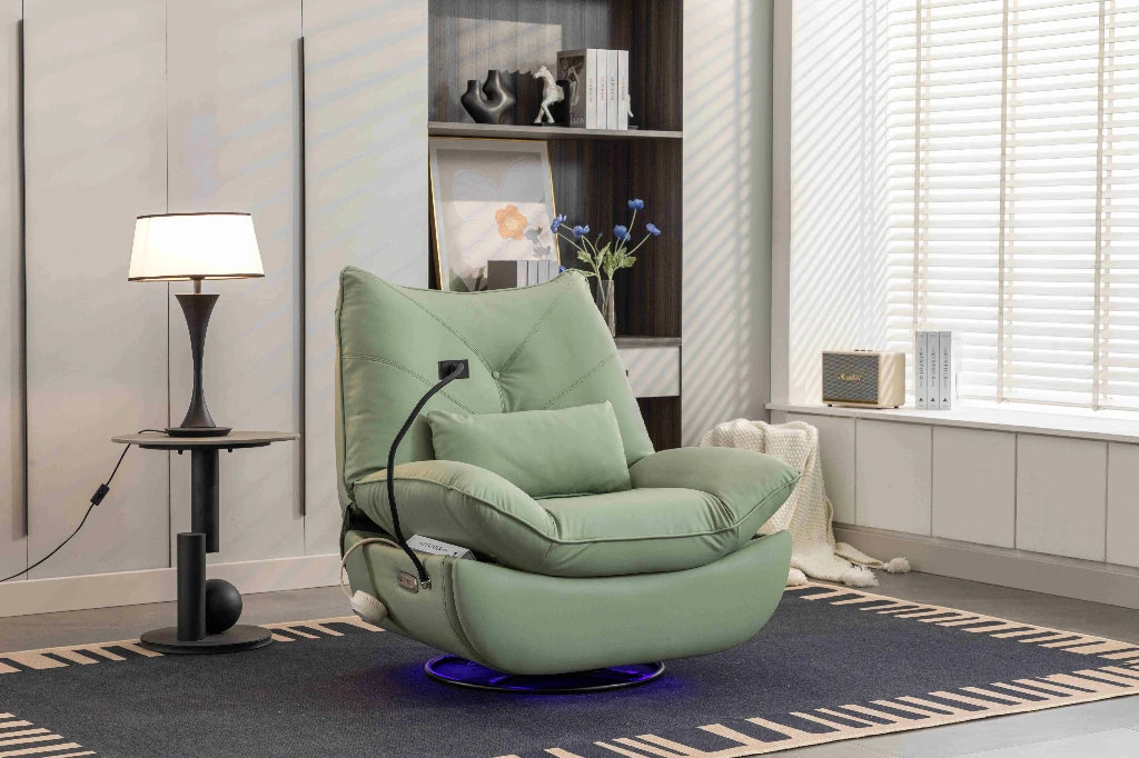 Dinosisco Power Recliner for Living Room, 270° Swivel Rocking Chair, Glider Rocker with USB and Phone Stand, Green Faux Leather