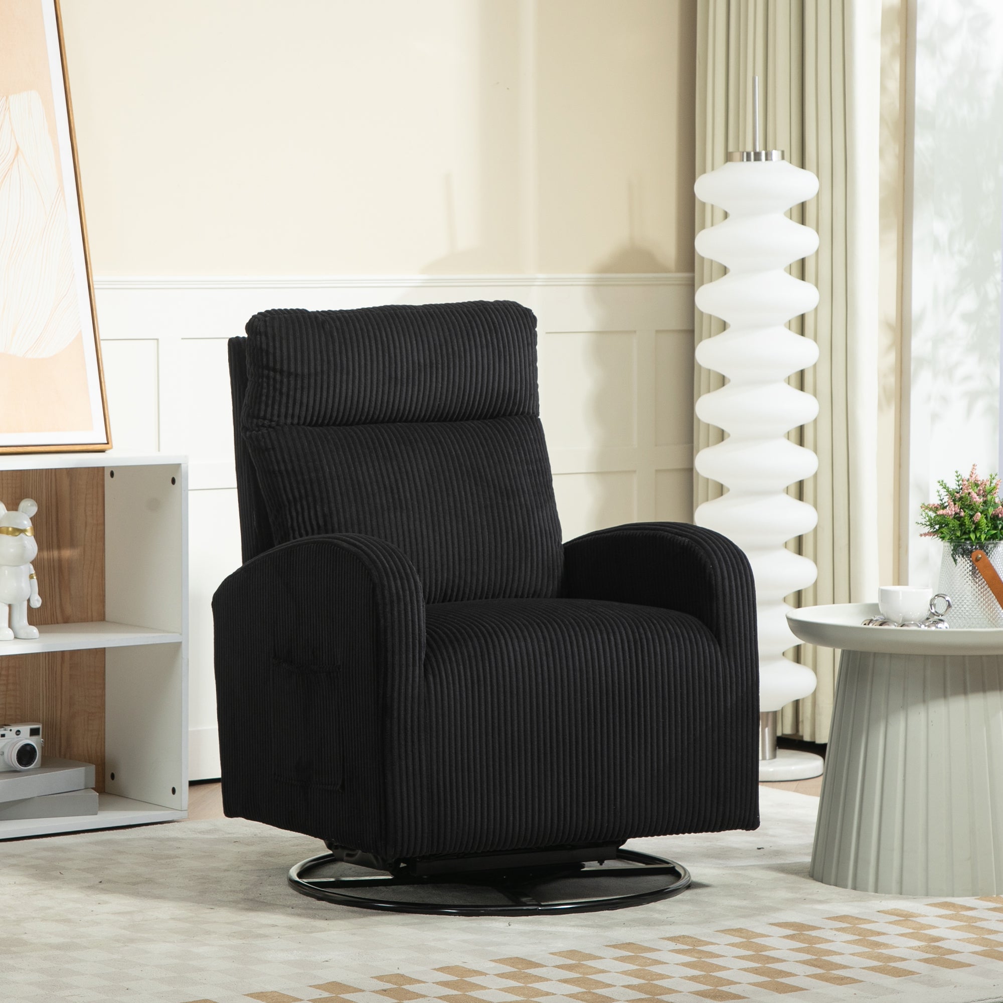 Dinosisco Swivel Glider Rocker for Nursery, Corduroy High Back Rocking Chair in Beige