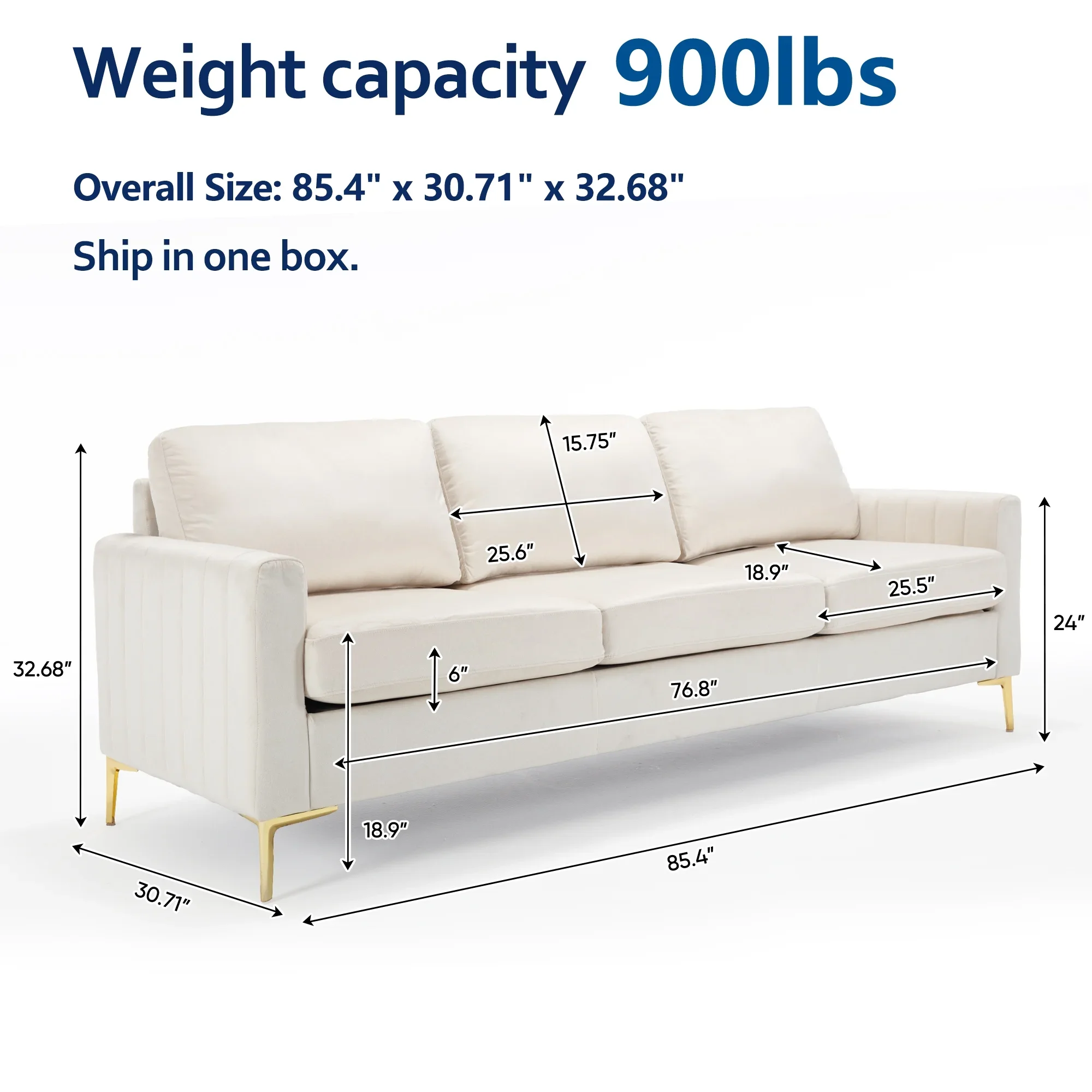 Dinosisco 85" Sofa Couch for Living Room, Modern Upholstered 3-Seater Couch in Beige Velvet