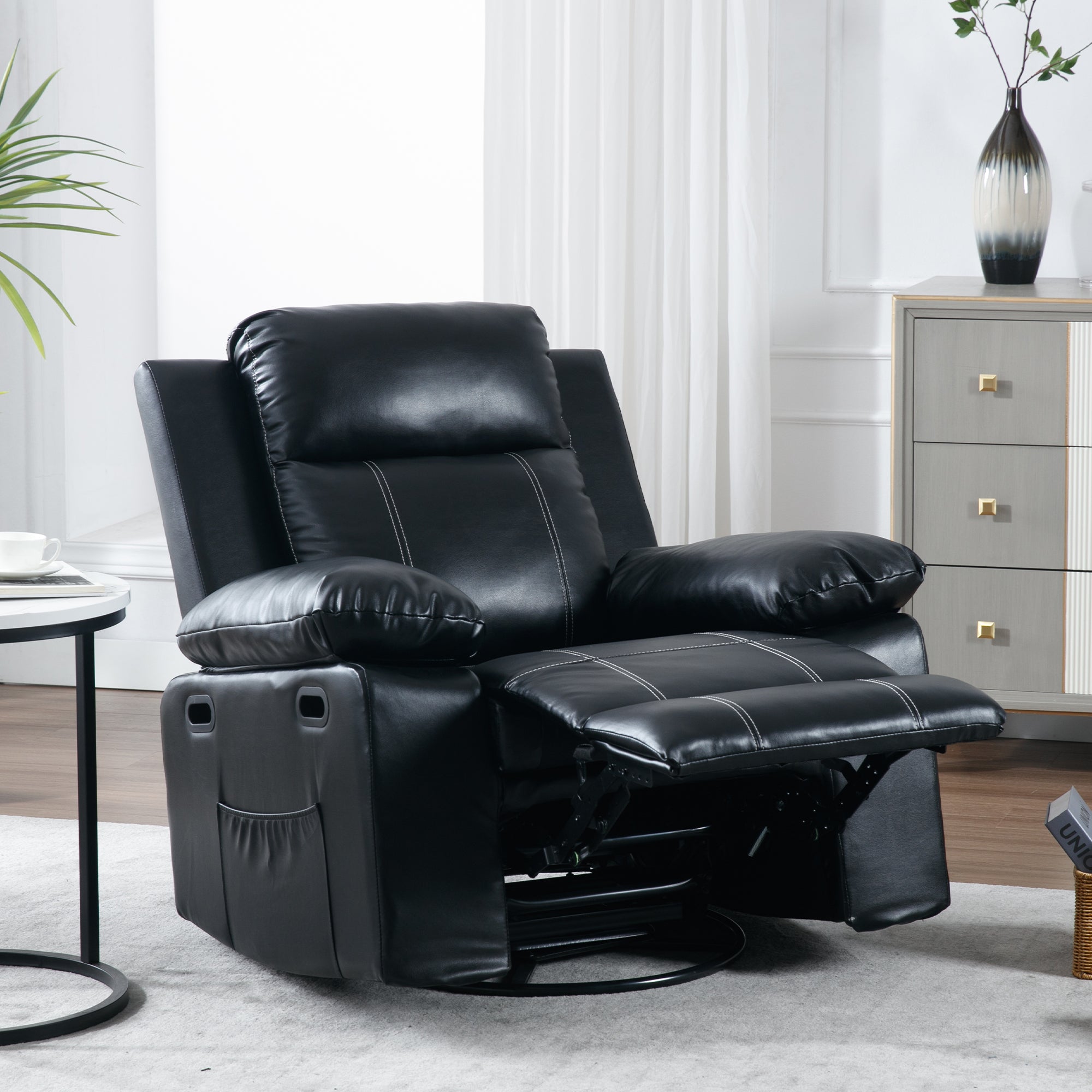 Muumblus Swivel Glider Rocker Recliner Chair with Power Heat and Massage, Comfortable Faux Leather Reclining Sofa for Living Room, Black